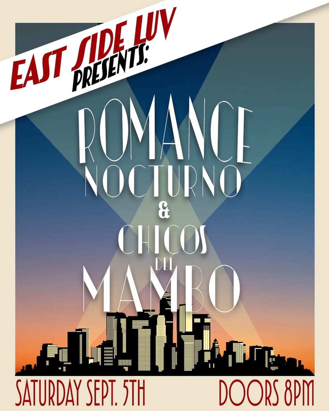 East Side Luv presents Romance Nocturno and Chicos del Mambo flyer, Saturday September 5, doors at 8 PM, with a Los Angeles skyline