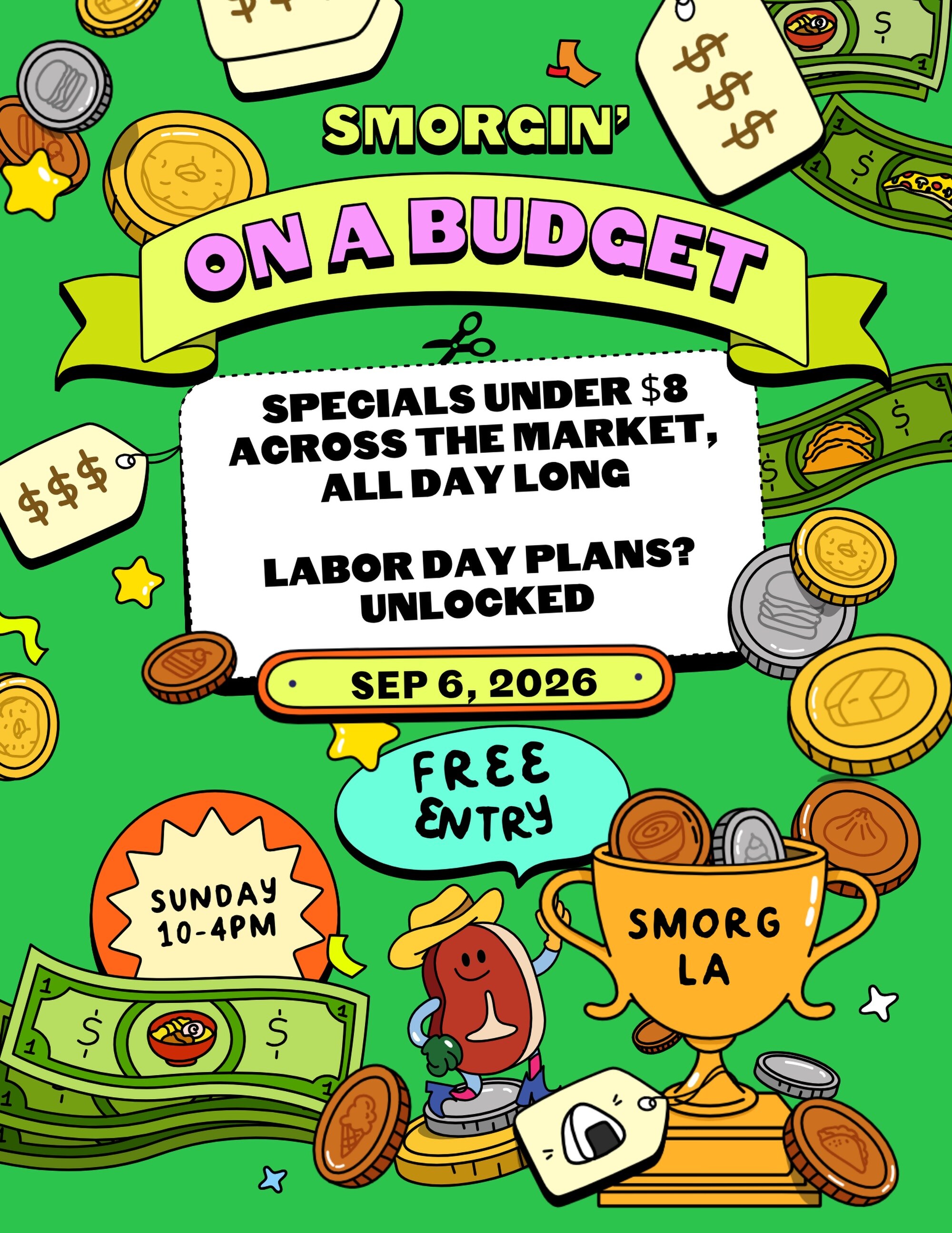 Green Smorgin' on a Budget flyer advertising food specials under eight dollars