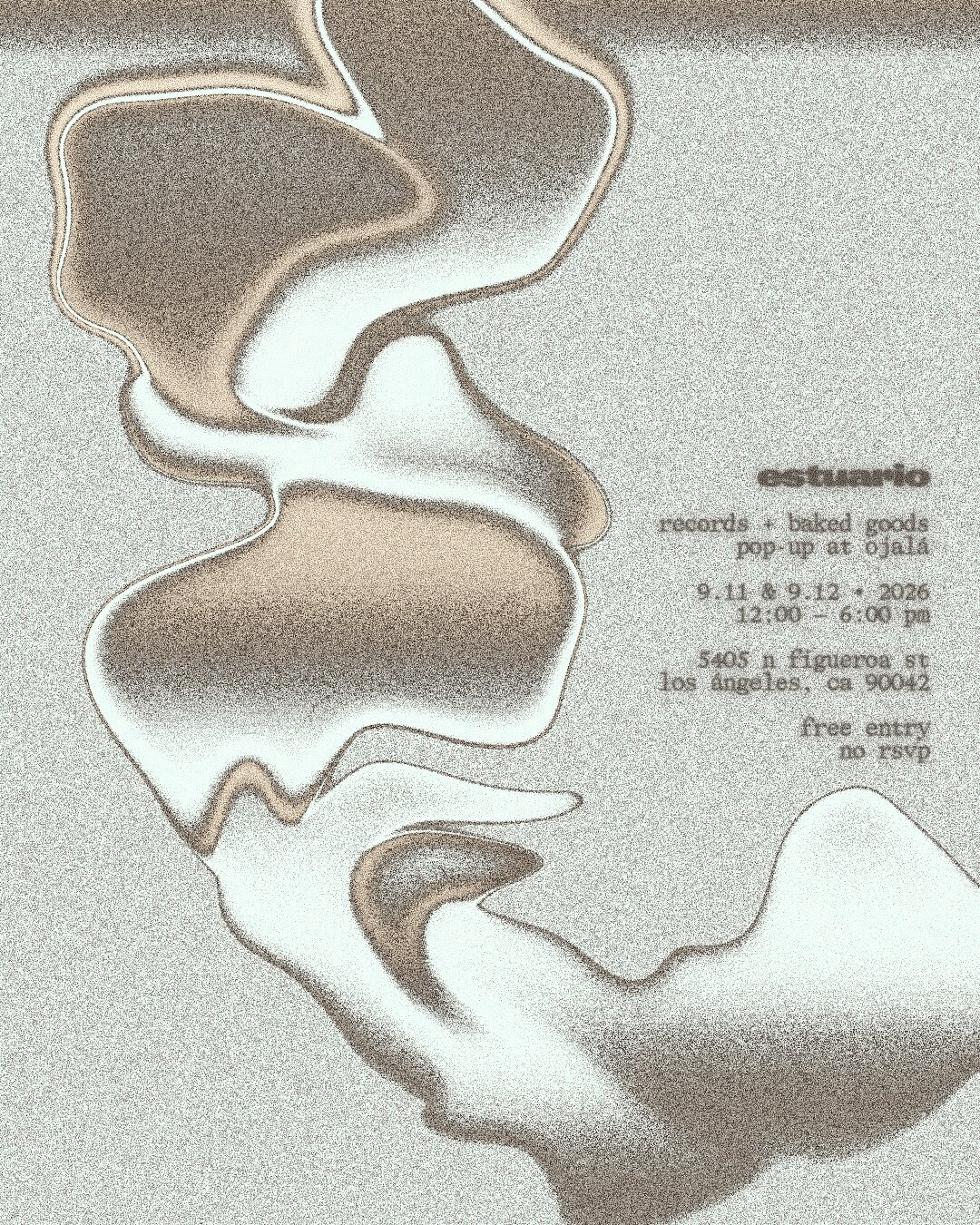 Estuario flyer announcing records and baked goods at Ojalá on September 11 and 12, noon to 6pm, with free entry.