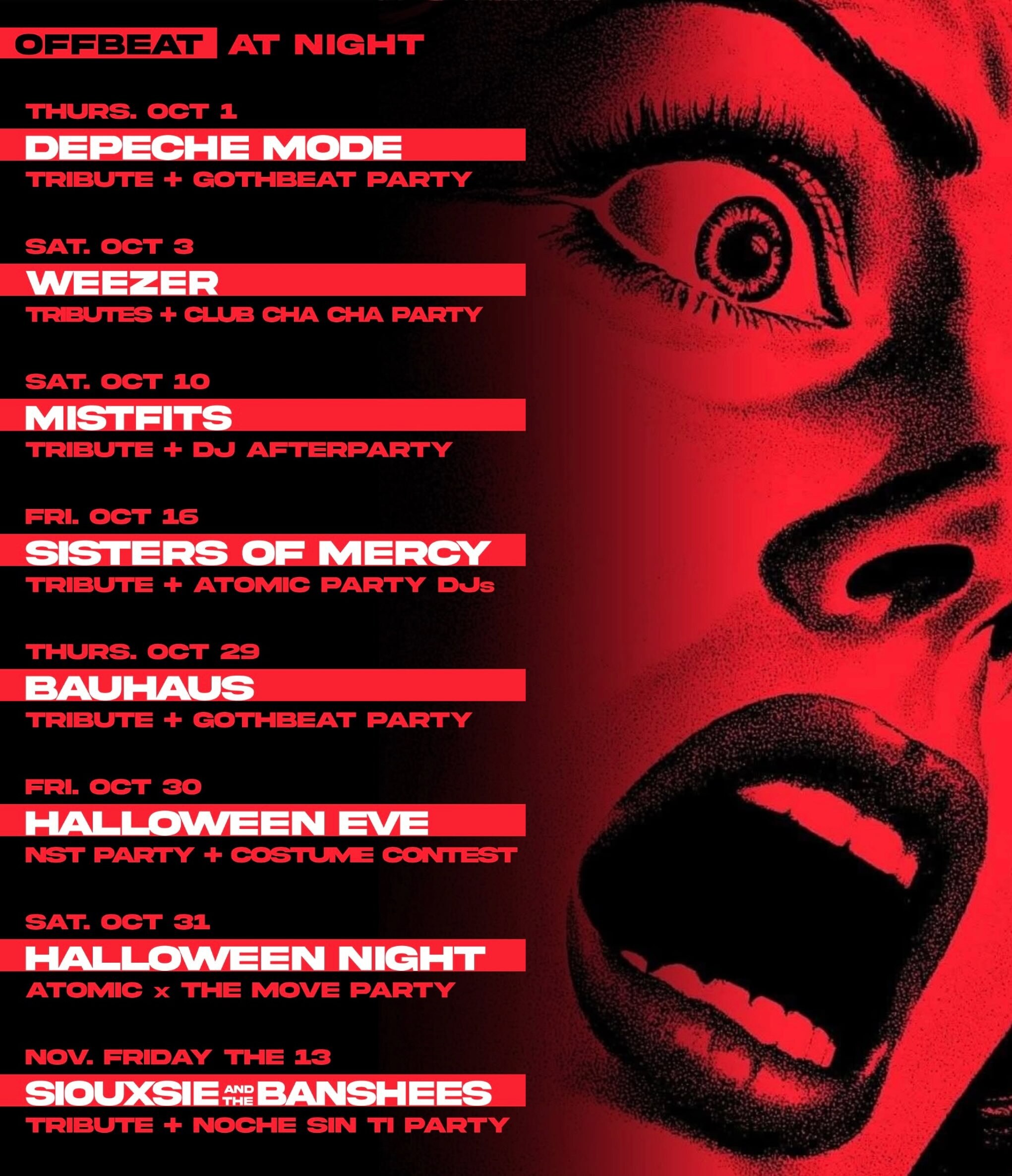 OffBeat Bar October and November 2026 calendar listing nine themed music events.