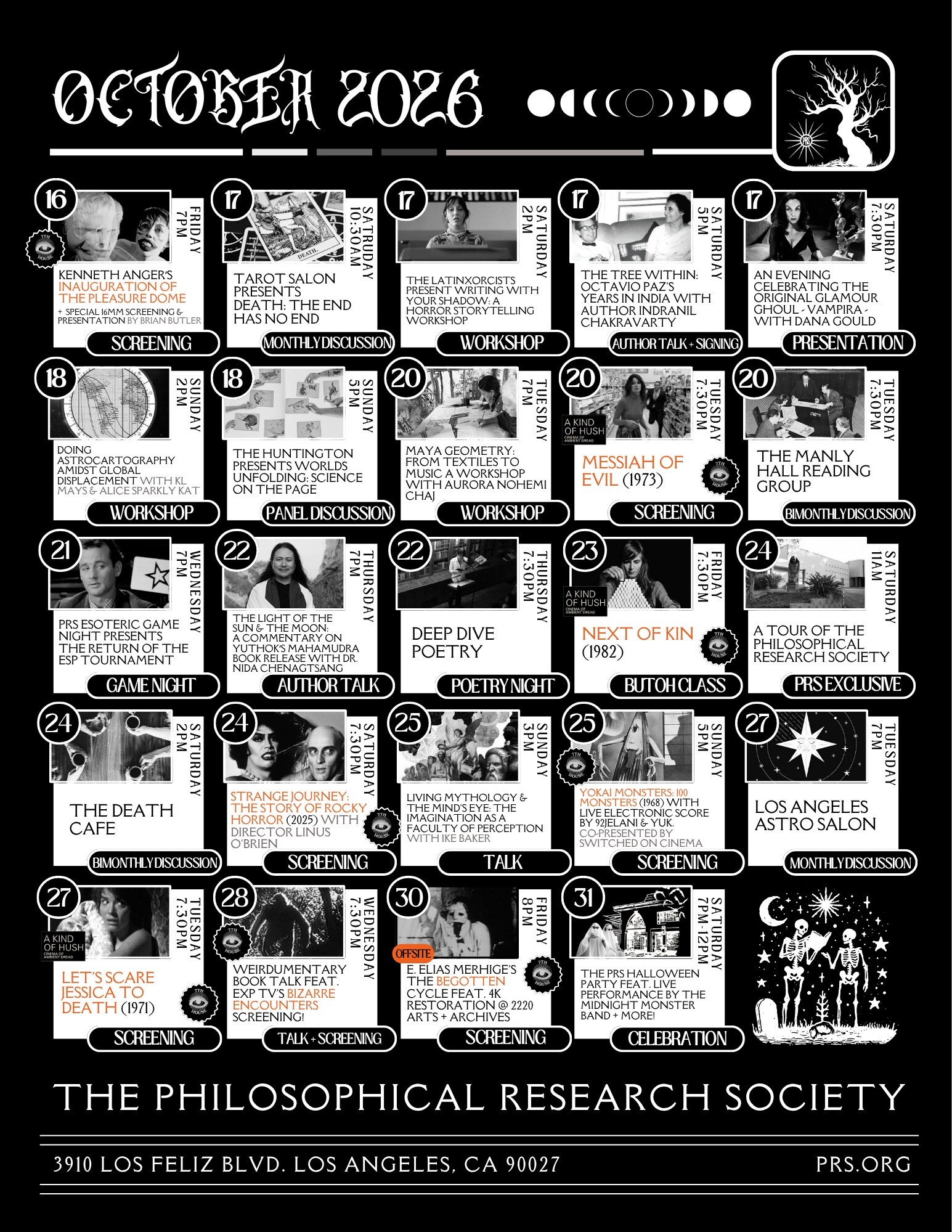 Philosophical Research Society October calendar listing Writing with Your Shadow: A Horror Storytelling Workshop on 2026-10-17