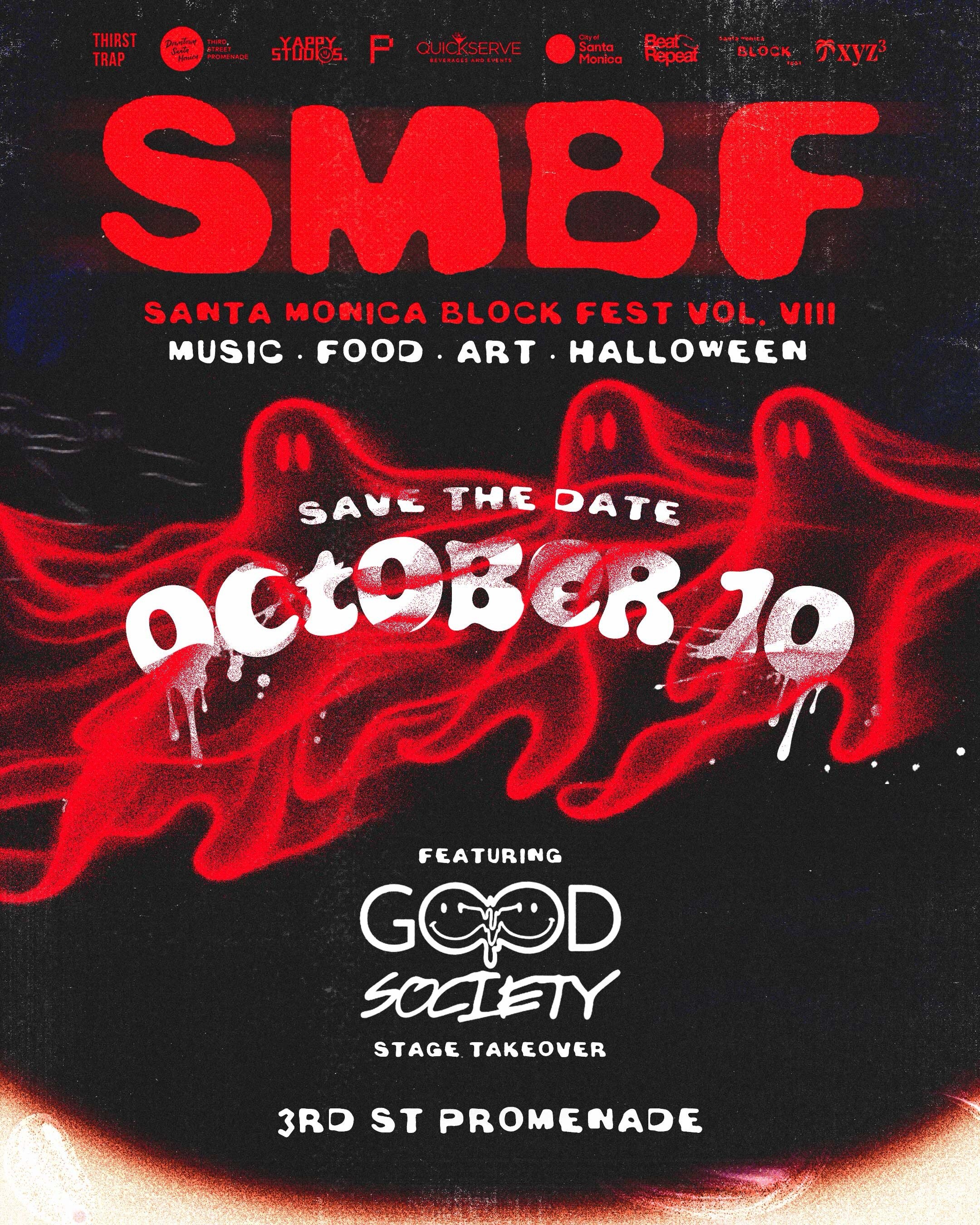 Red-and-black Santa Monica Block Fest Vol. VIII flyer announcing the October 10 Halloween edition and Good Society stage takeover.