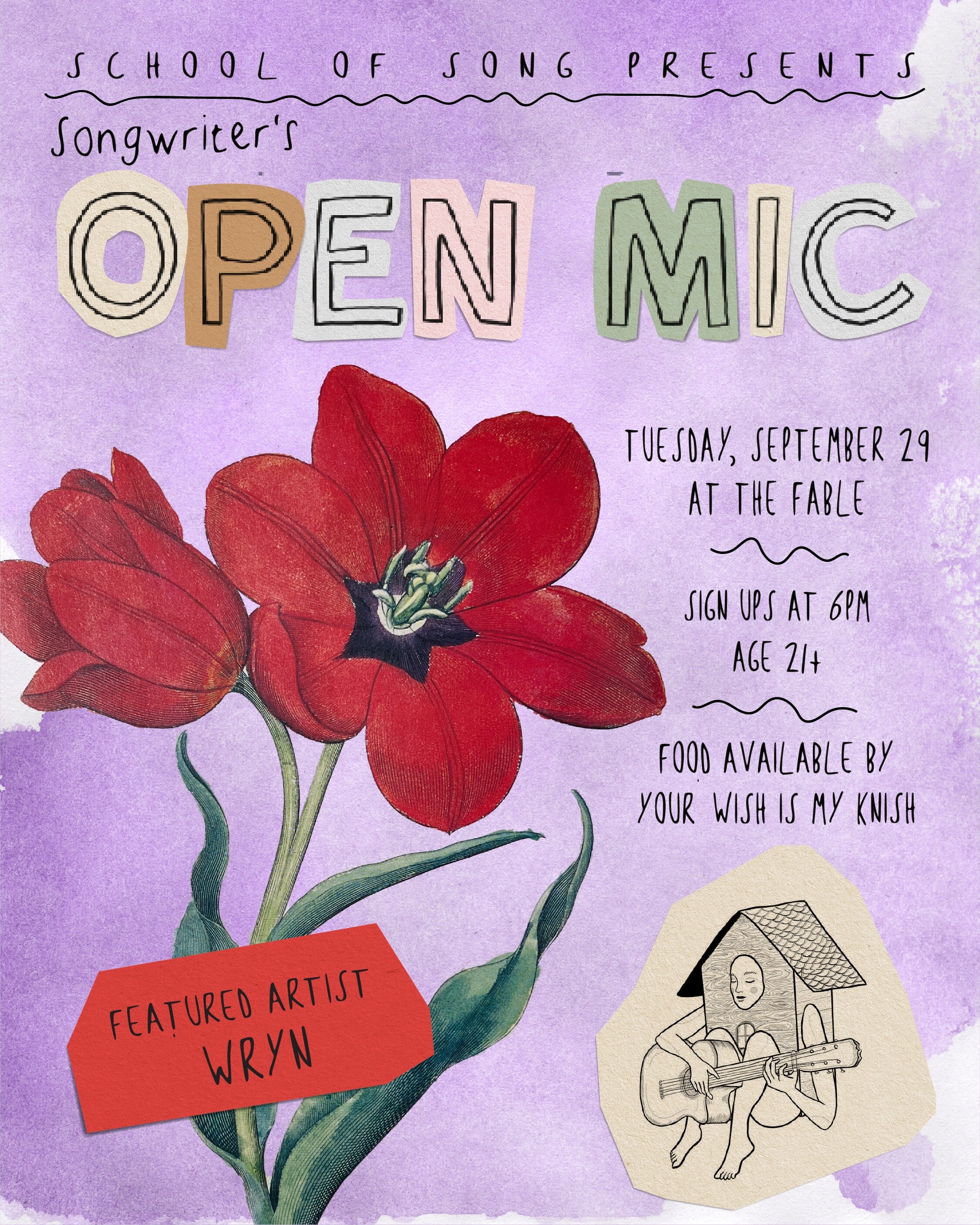 School of Song songwriters open mic flyer for the recurring Tuesday gathering at The Fable.