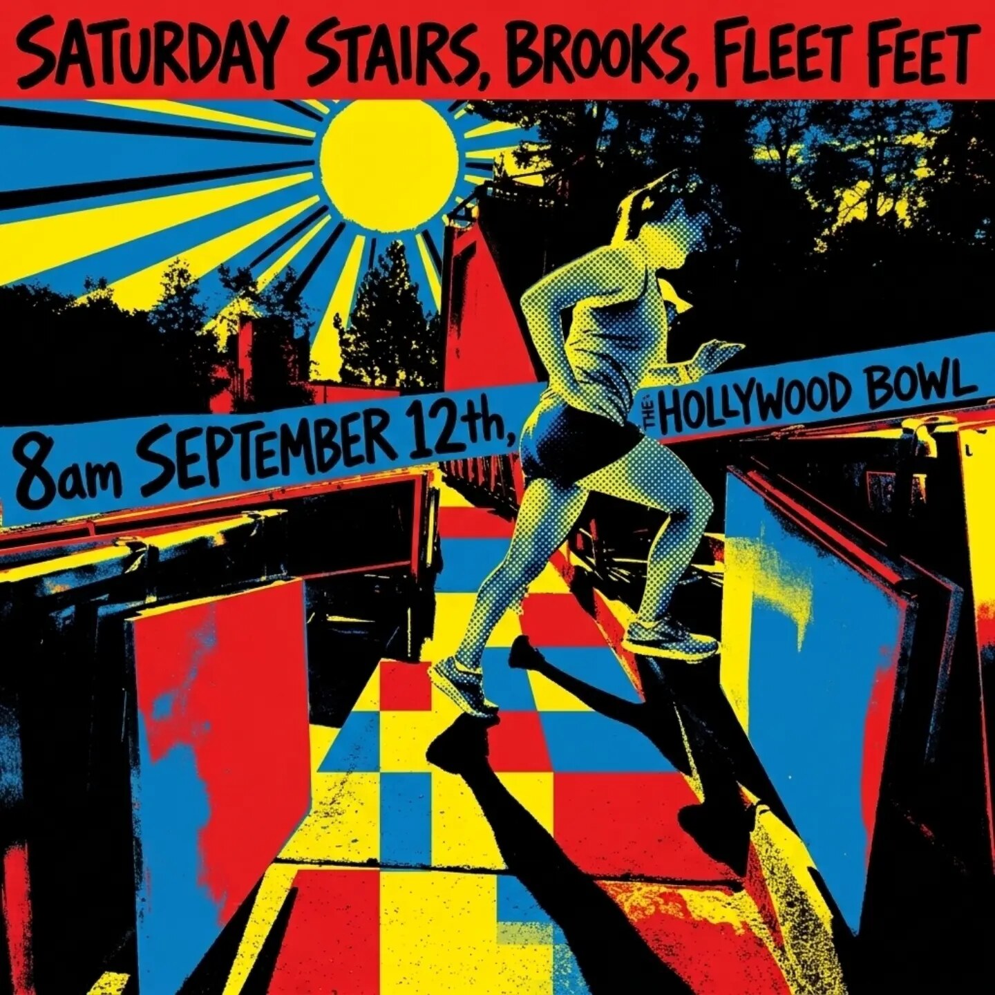 Saturday Stairs flyer for a Brooks and Fleet Feet workout inside the Hollywood Bowl