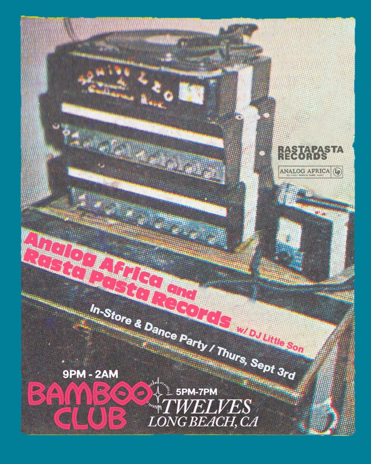 Analog Africa and RastaPasta Records flyer for an in-store session at Twelves and a dance party at Bamboo Club.
