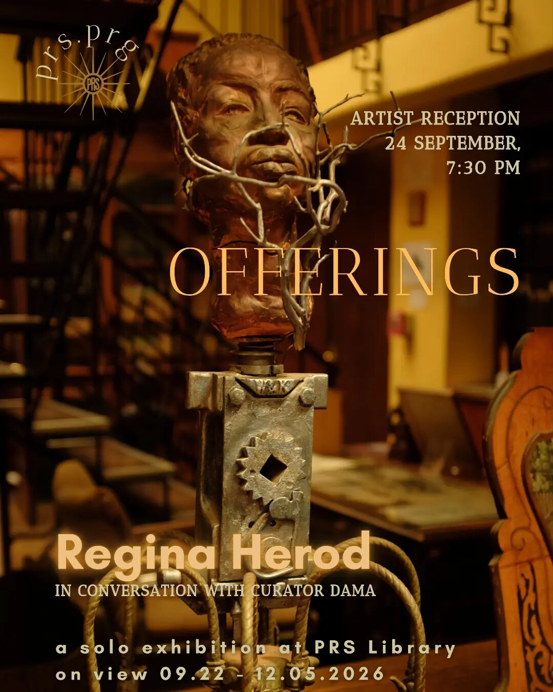 Offerings exhibition flyer featuring a sculpture by Regina Herod at the PRS Library