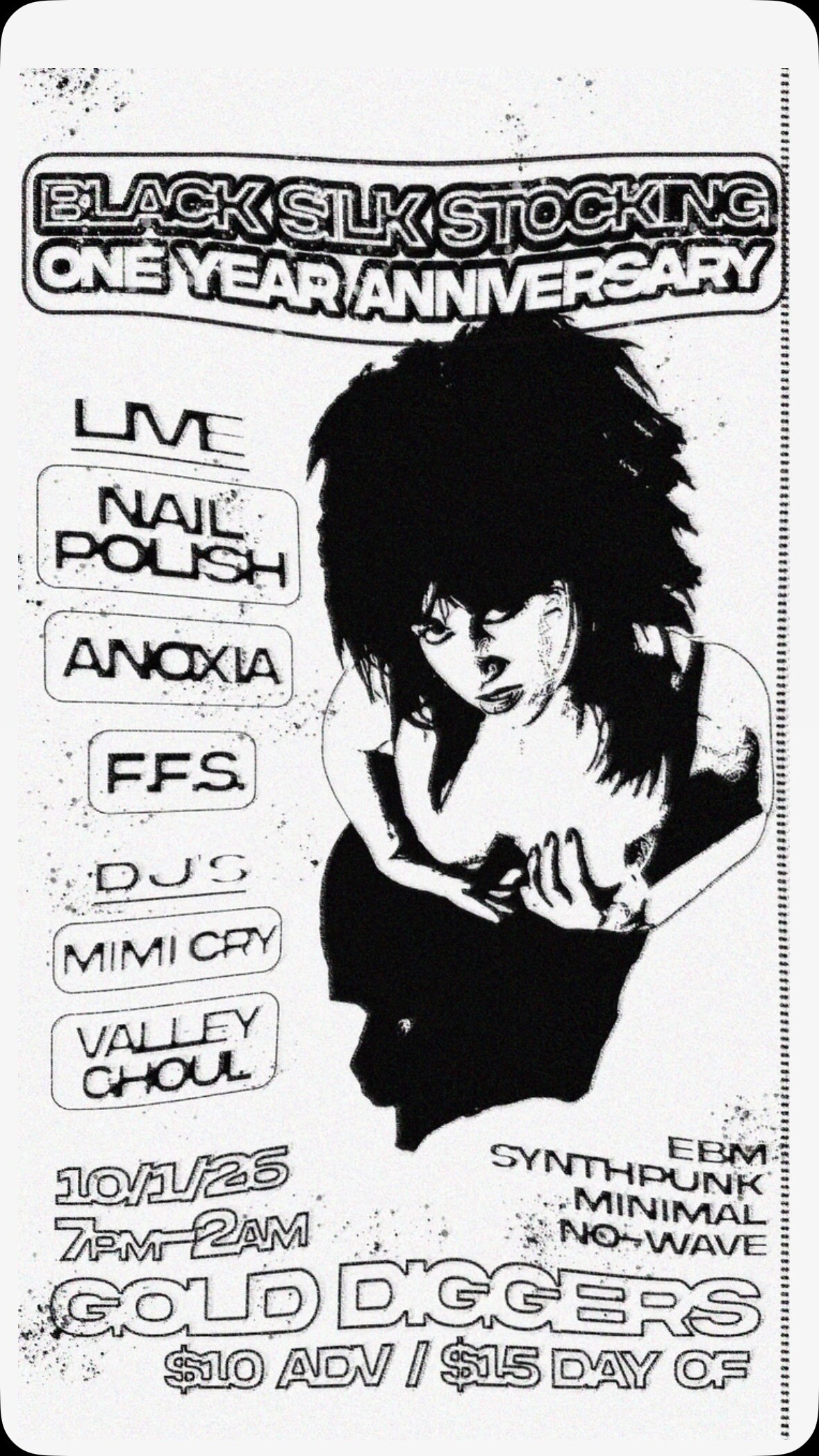 BlackSilkStocking one-year anniversary party flyer at Gold-Diggers
