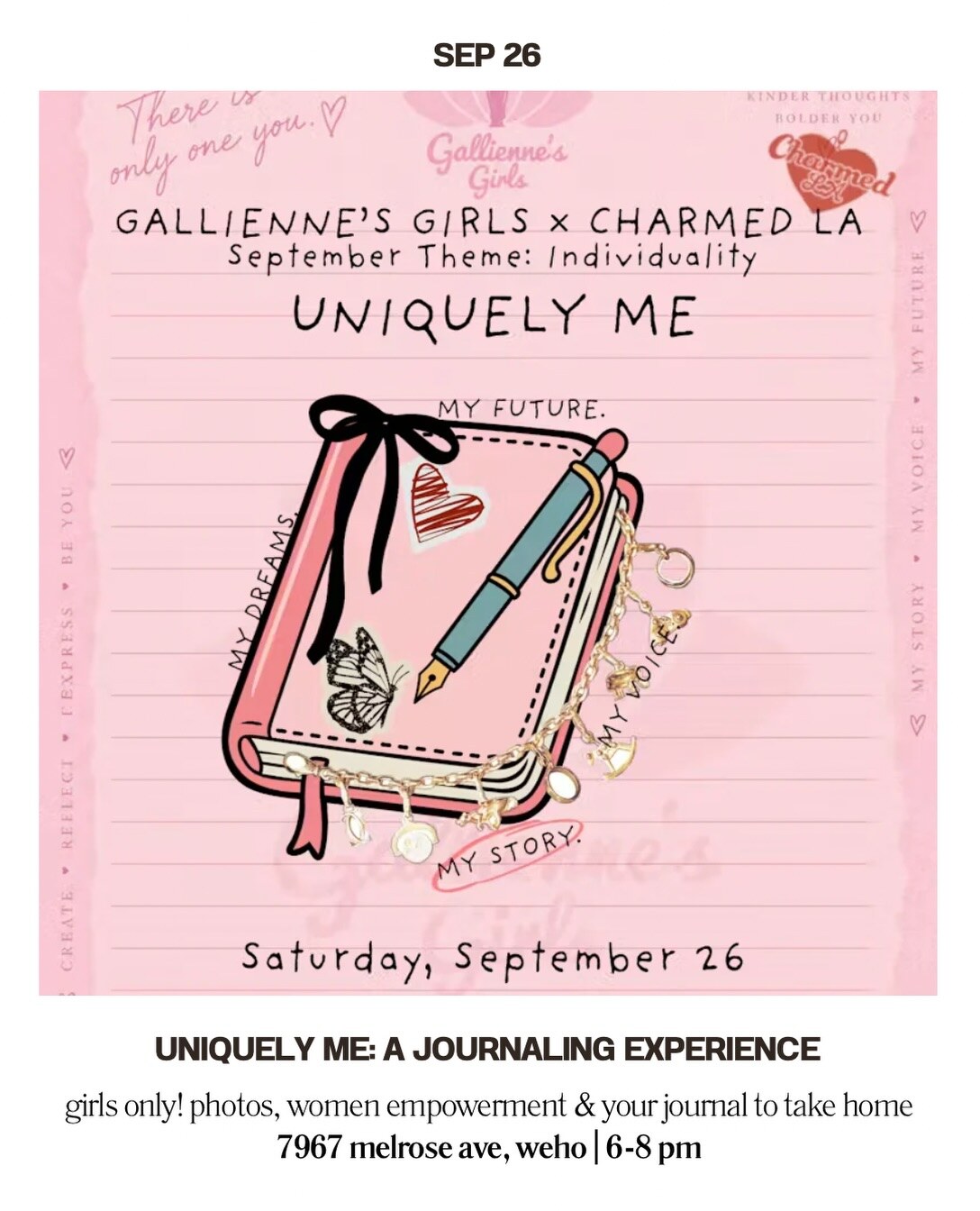 Uniquely Me journaling experience card with Melrose address and 6 to 8 PM hours.