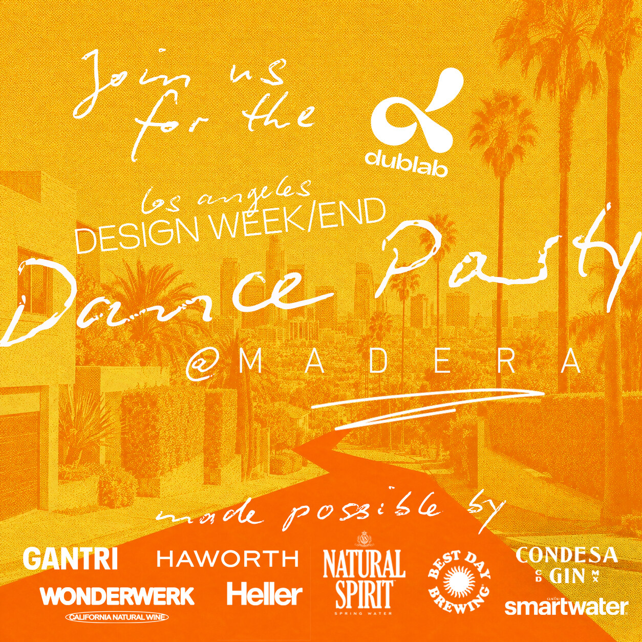Orange flyer for the LA Design Week/end dance party at MADERA.