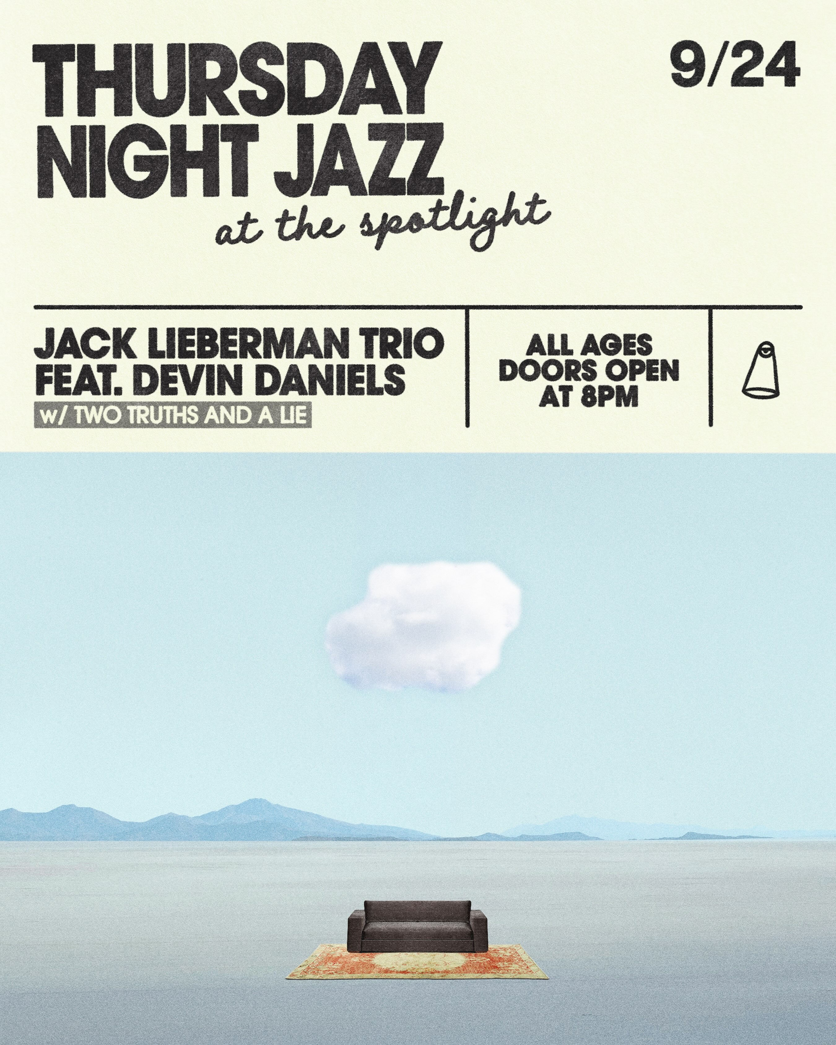 Thursday Night Jazz flyer for Jack Lieberman Trio featuring Devin Daniels