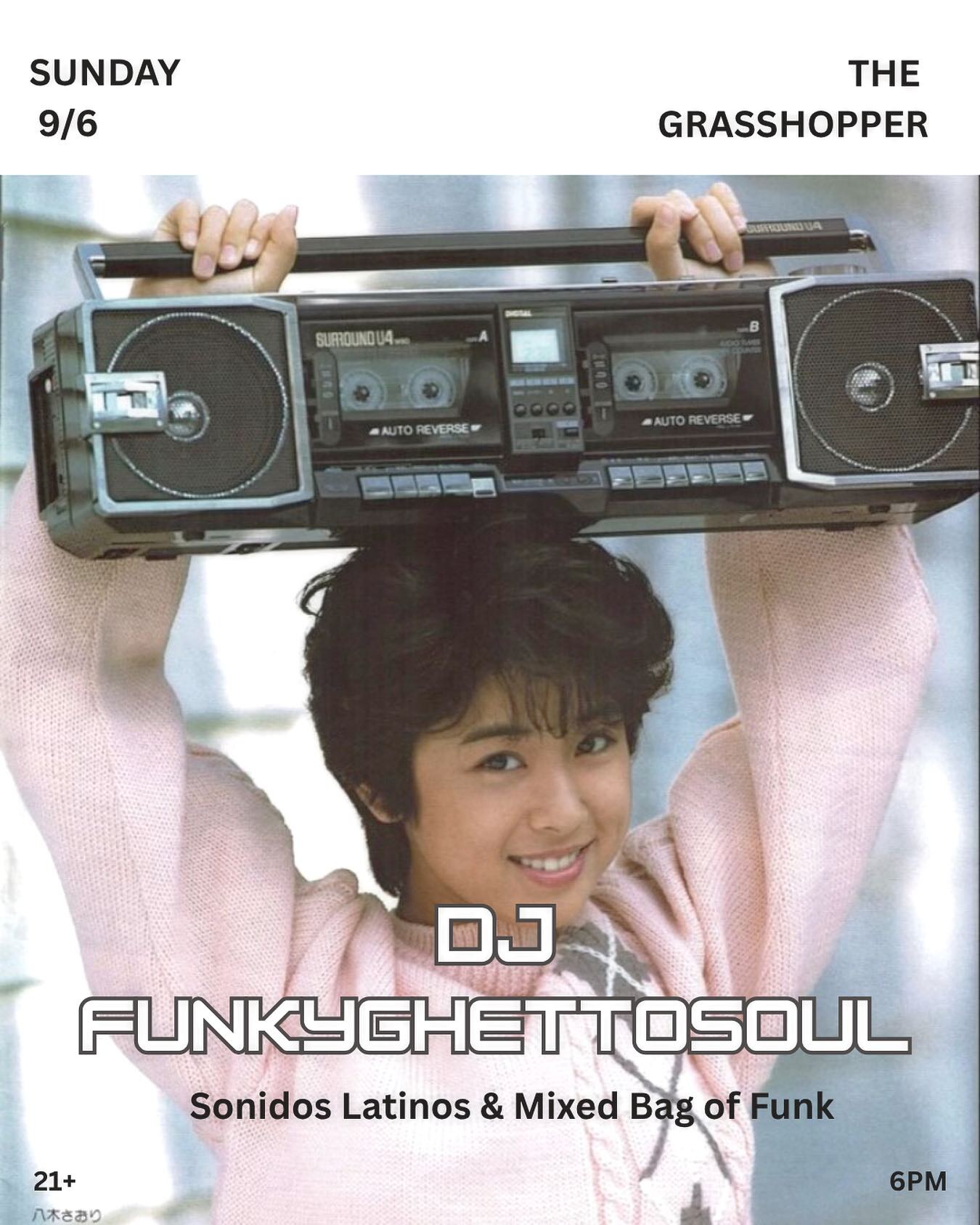 Funky Ghetto Soul flyer with a boombox for a September 6 set at The Grasshopper.