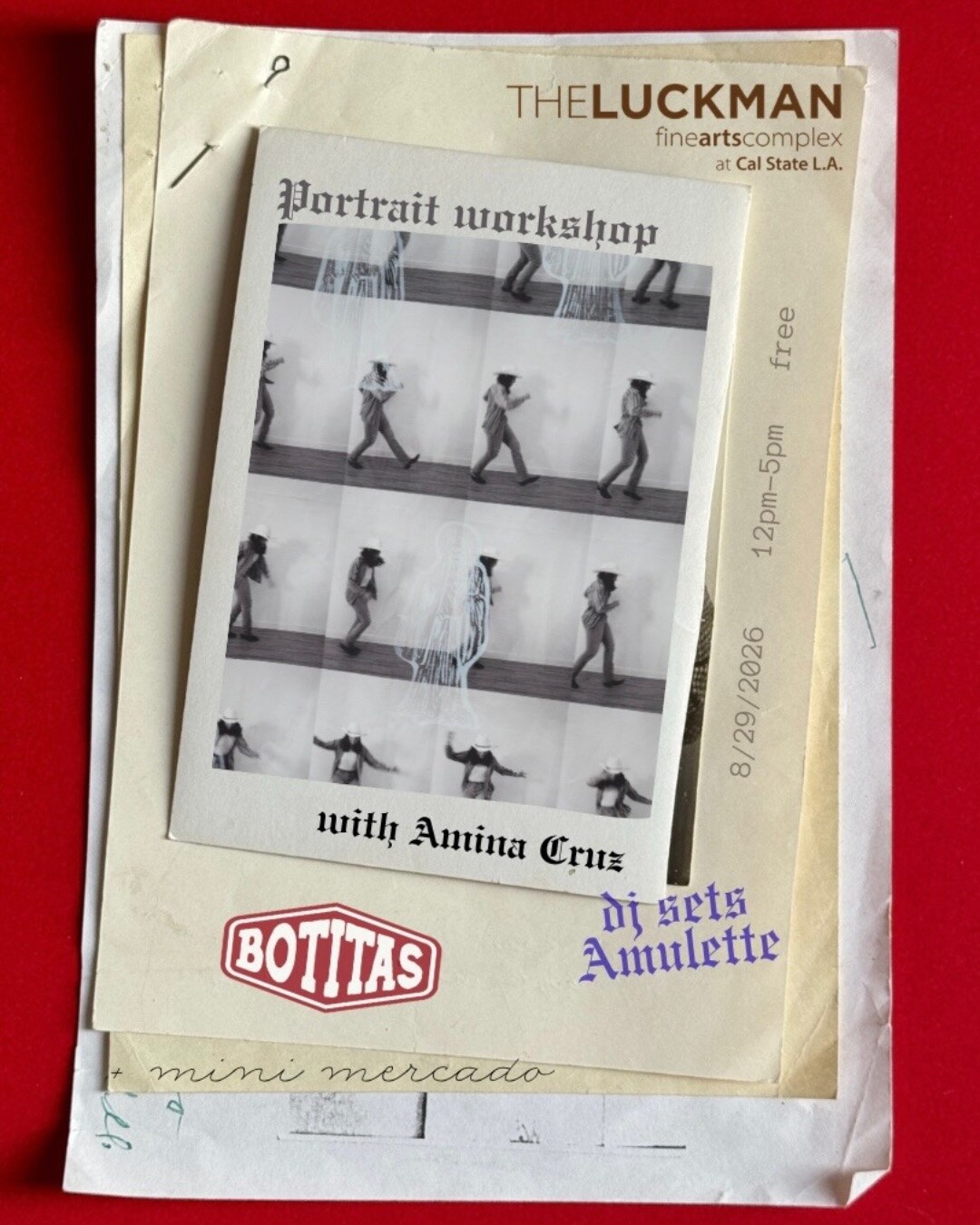 Portrait workshop flyer photographed over a newspaper at the Luckman