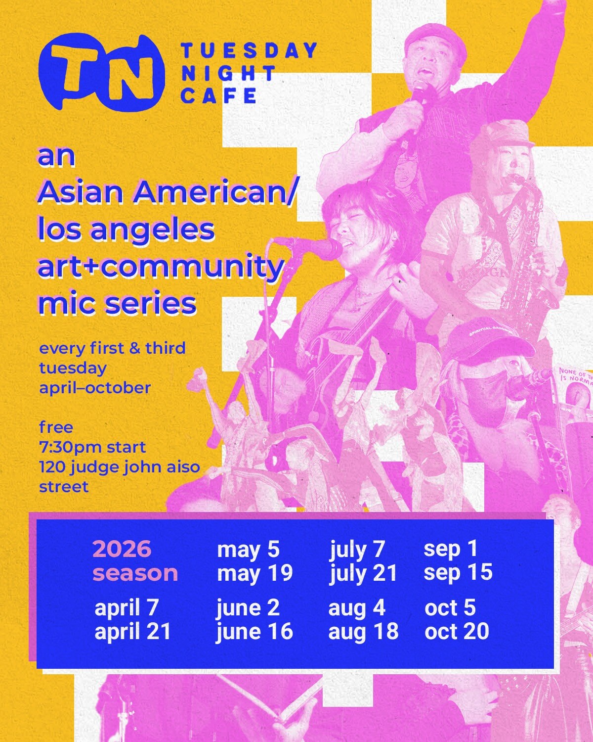 Tuesday Night Cafe 2026 season flyer; the caption corrects the first October date to October 6
