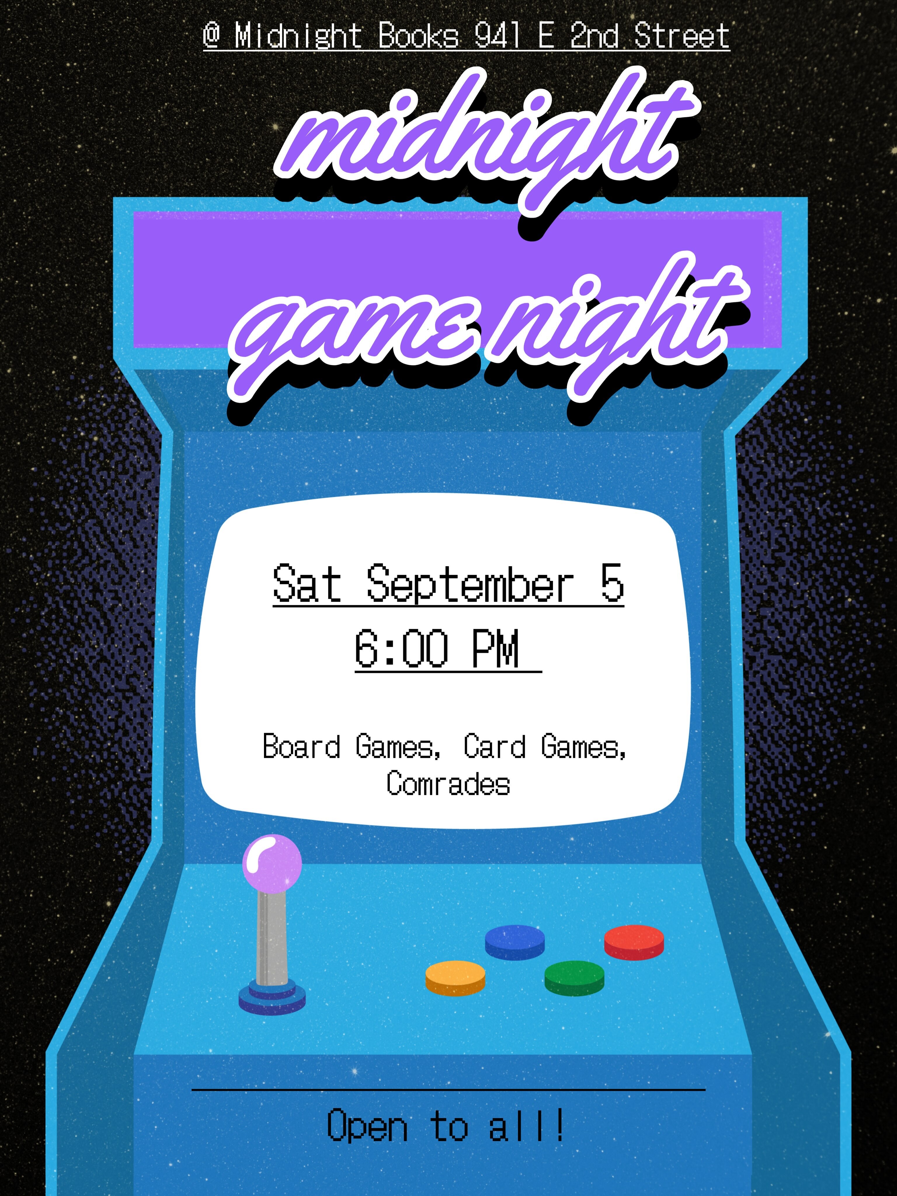 Midnight game night flyer listing September 5 at 6 PM, board games and card games at Midnight Books, 941 E 2nd Street