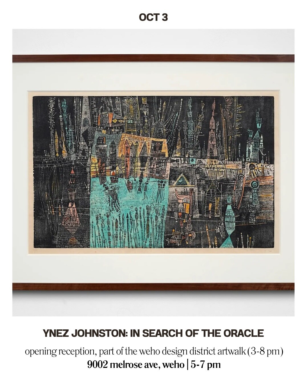 Ynez Johnston In Search of the Oracle exhibition opening flyer for Louis Stern Fine Arts.