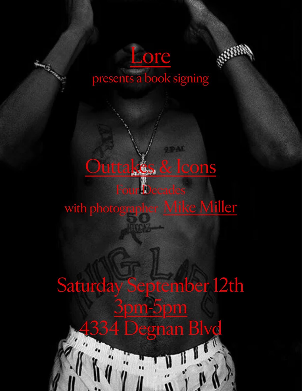 Mike Miller Outtakes and Icons conversation and book signing flyer at LORE on September 12