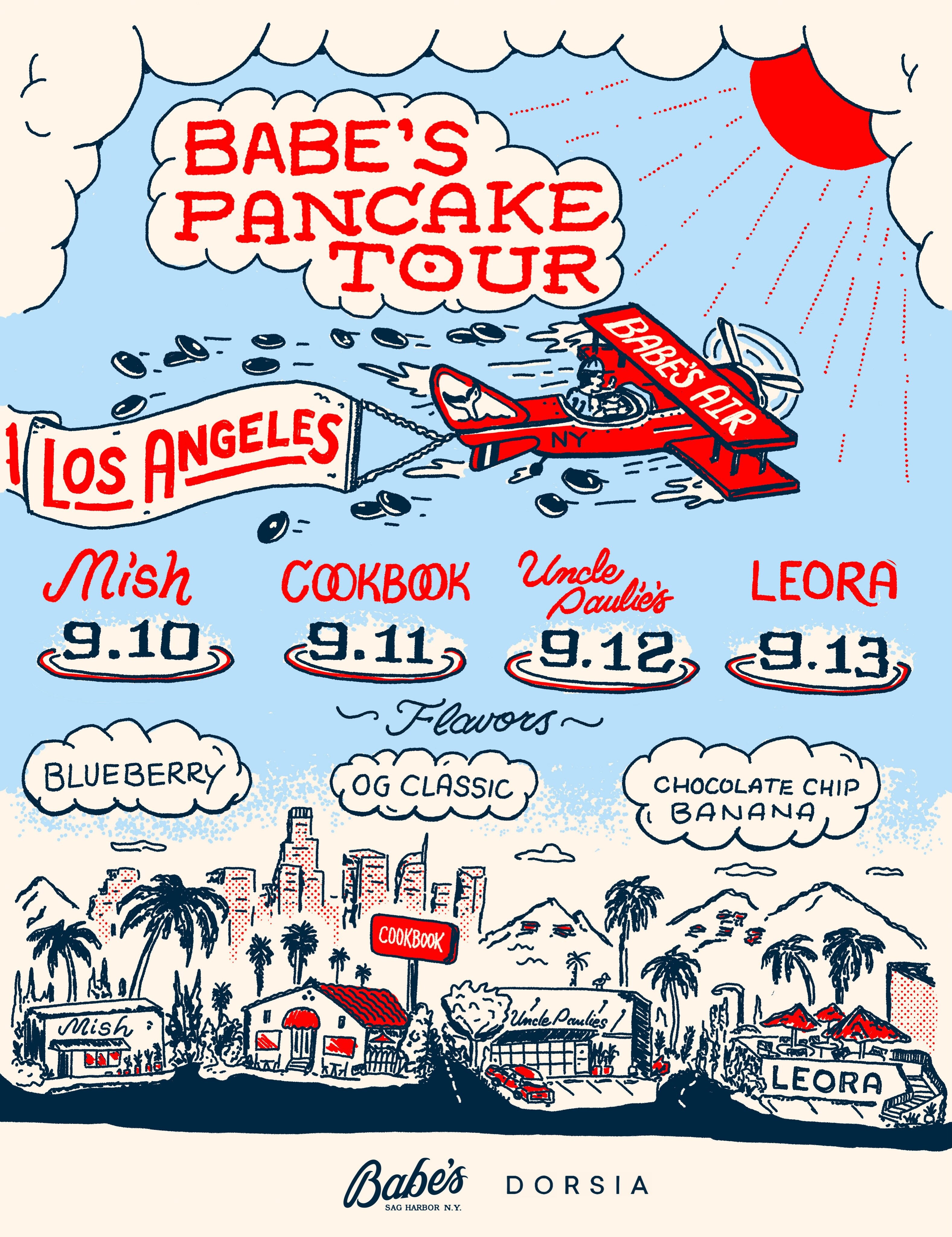 Babe’s Pancake Tour illustrated flyer showing its four Los Angeles stops September 10–13.