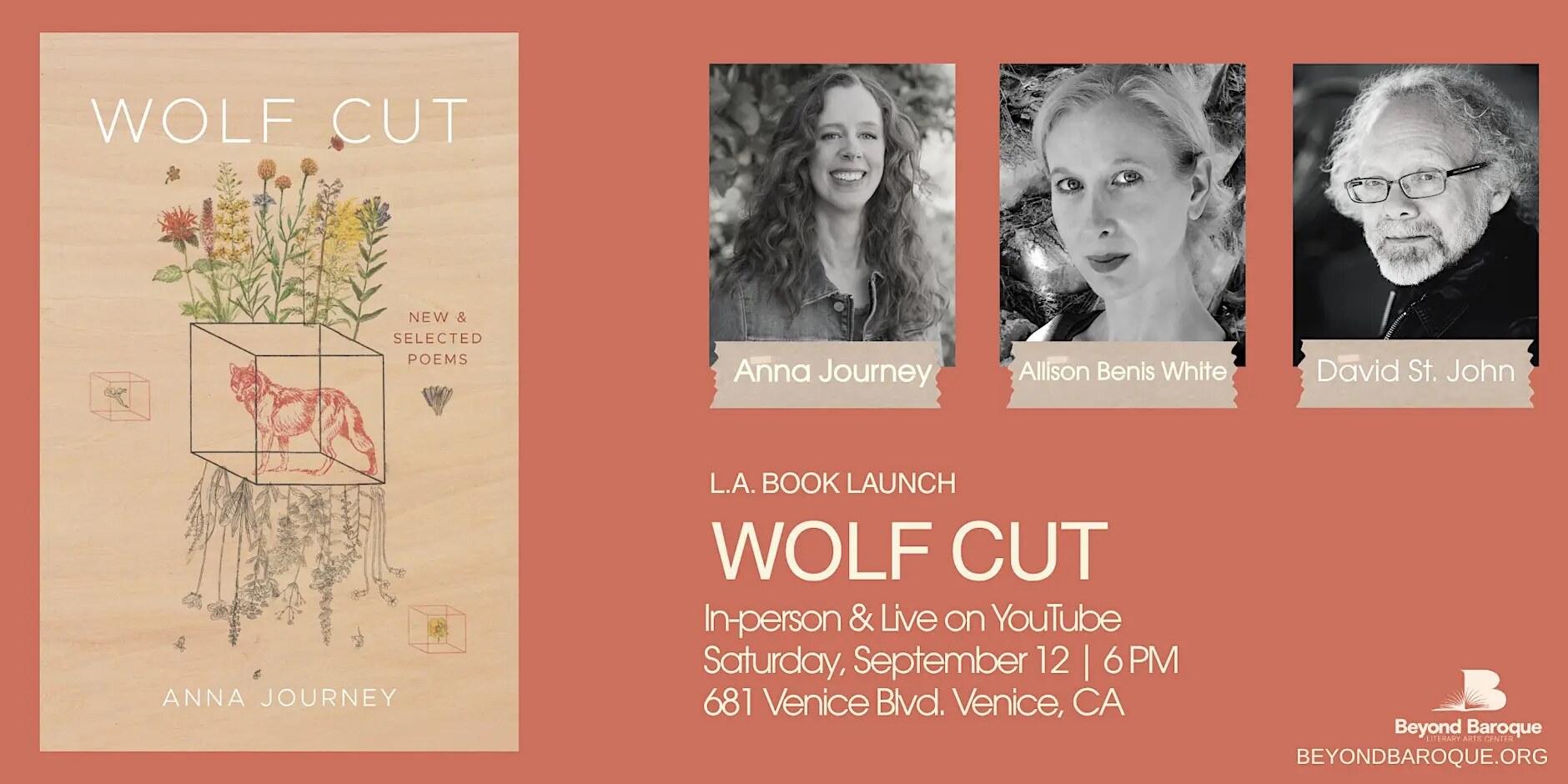 Wolf Cut book launch flyer with Anna Journey, Allison Benis White and David St. John
