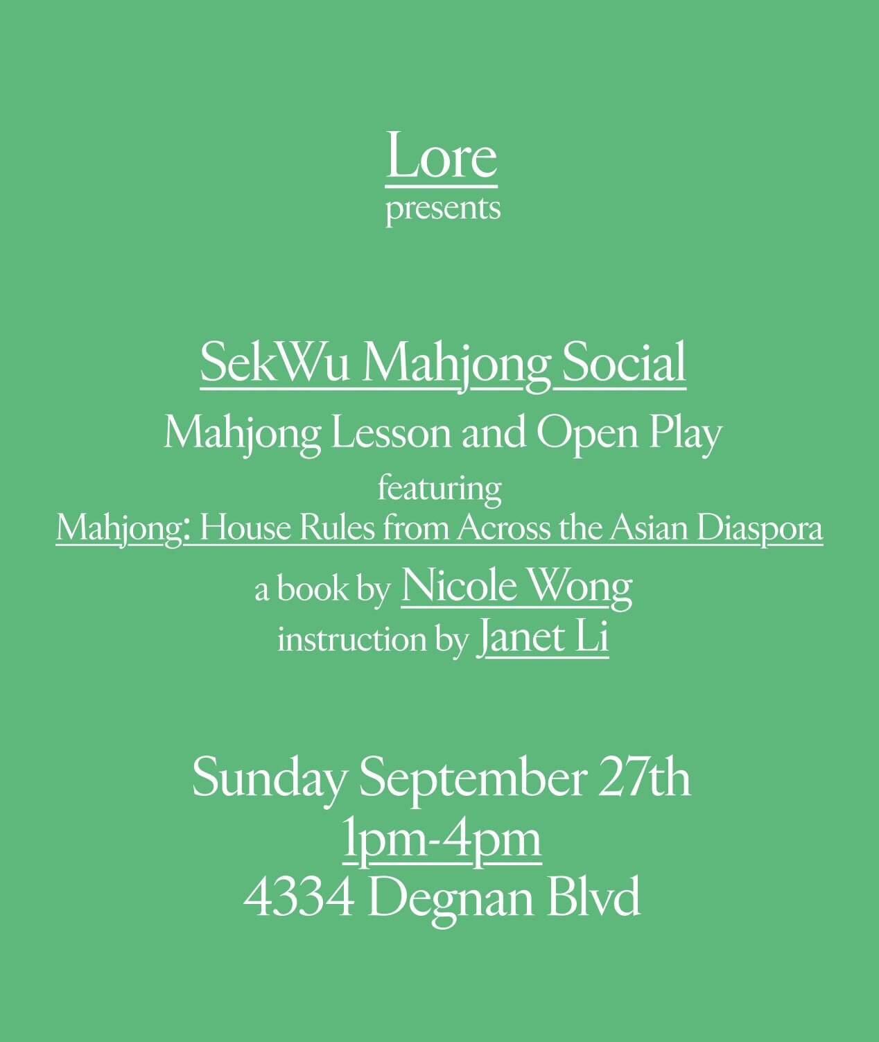 Green Lore flyer for the September 27 SekWu Mahjong Social, book talk with Nicole Wong and instruction by Janet Li
