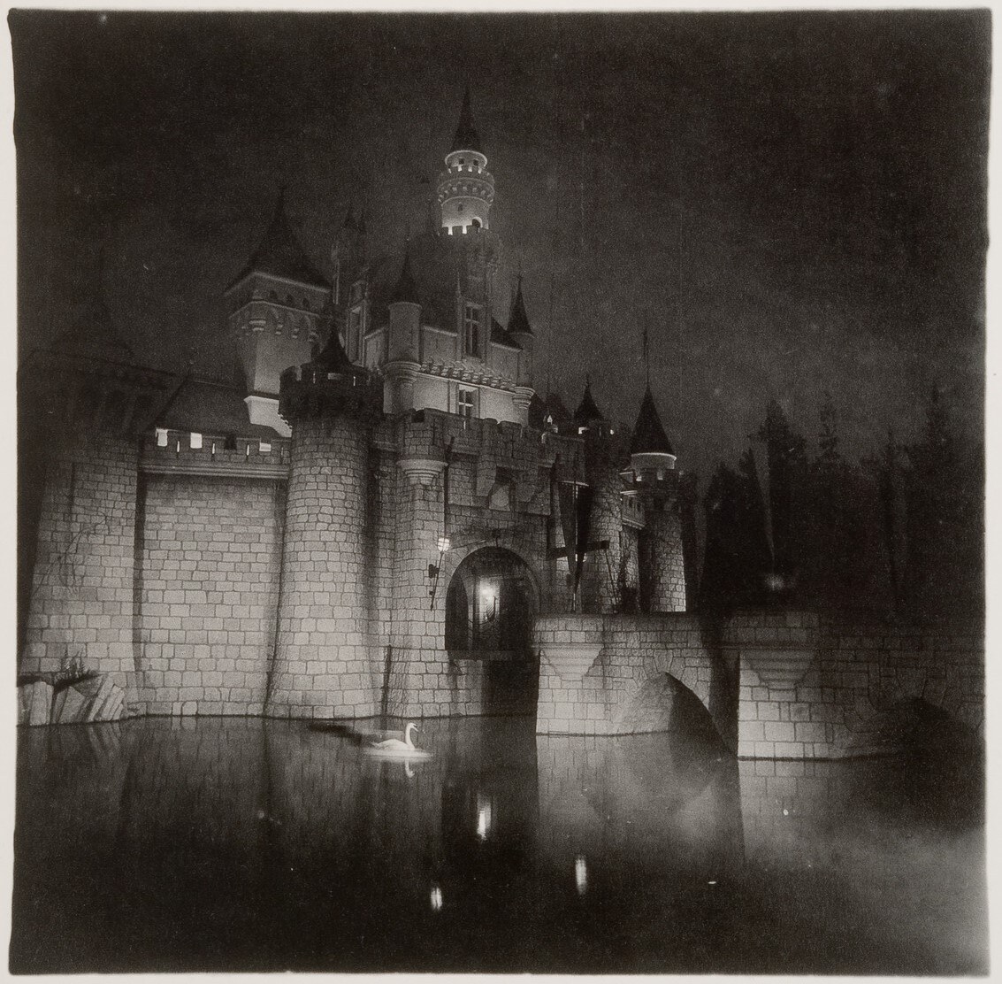 Fuzzy black and white photo of a grand castle