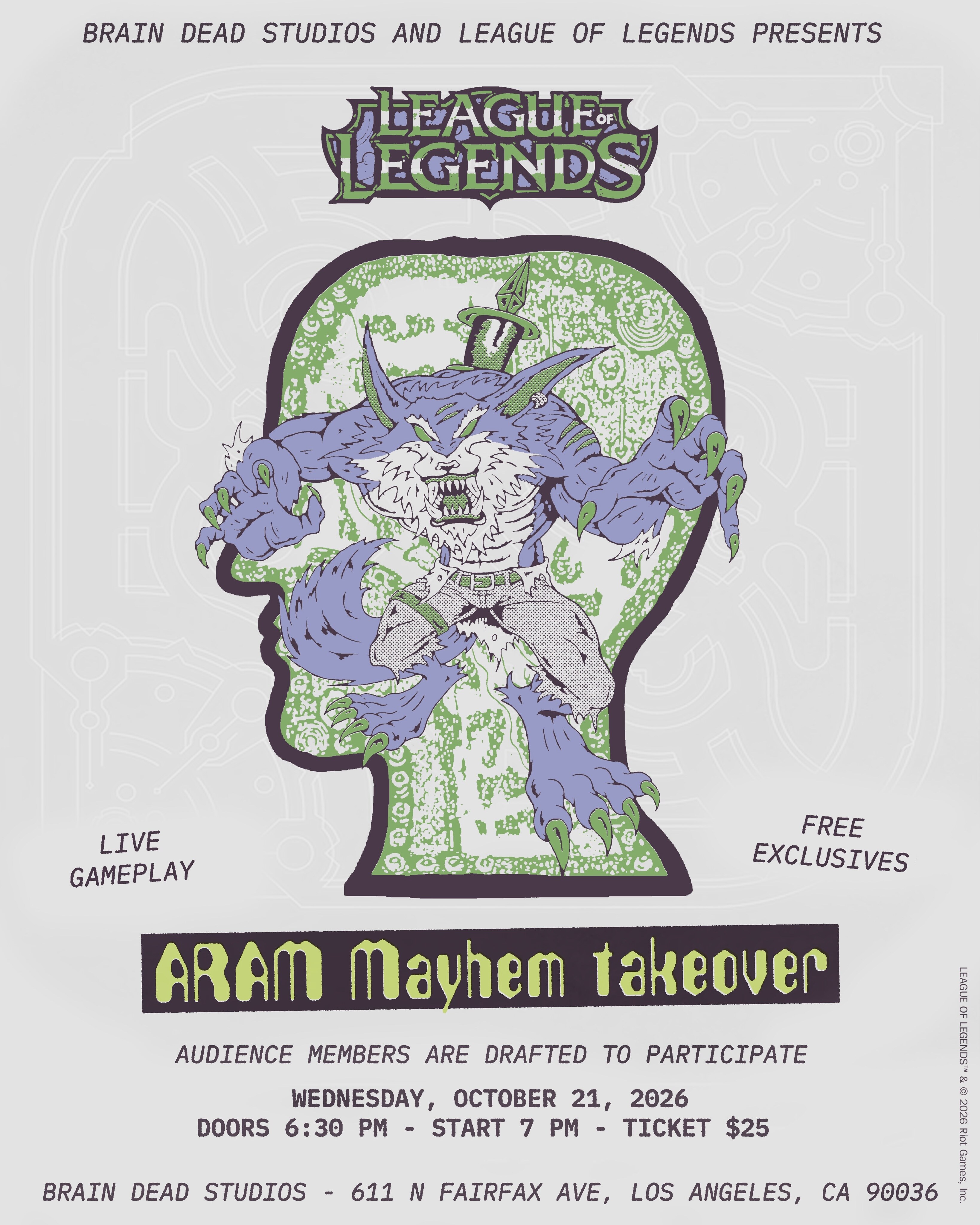 League of Legends ARAM Mayhem Takeover flyer at Brain Dead Studios