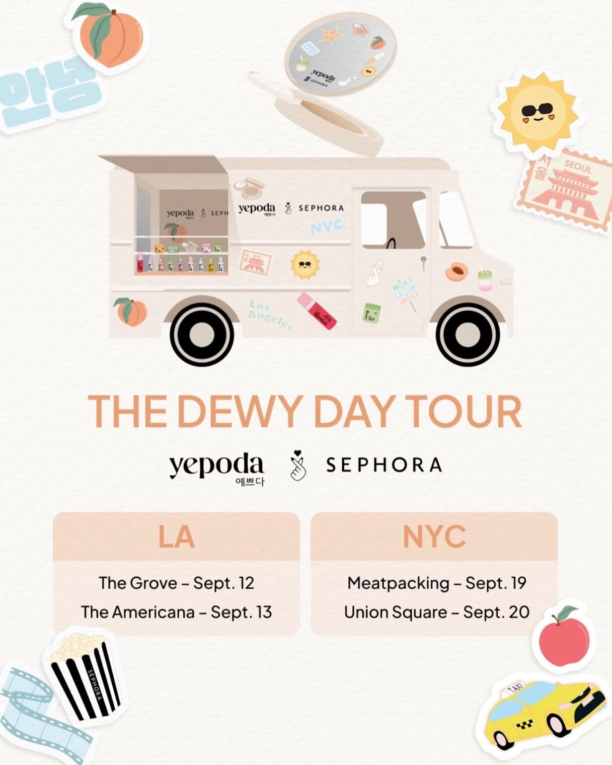 Yepoda Dewy Day Tour K-beauty pop-up flyer for September 13 at The Americana
