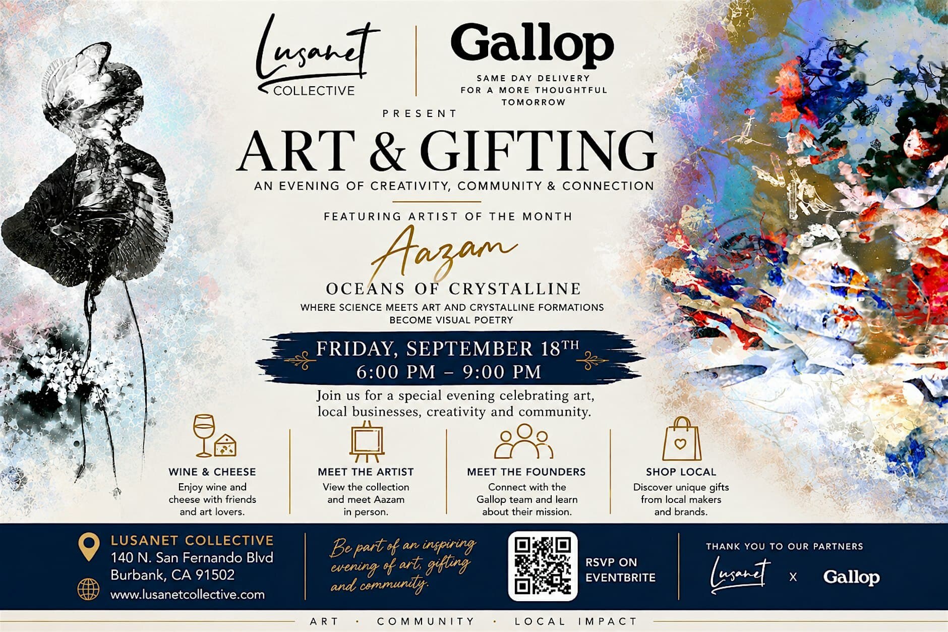an evening of creativity, community + connection event artwork