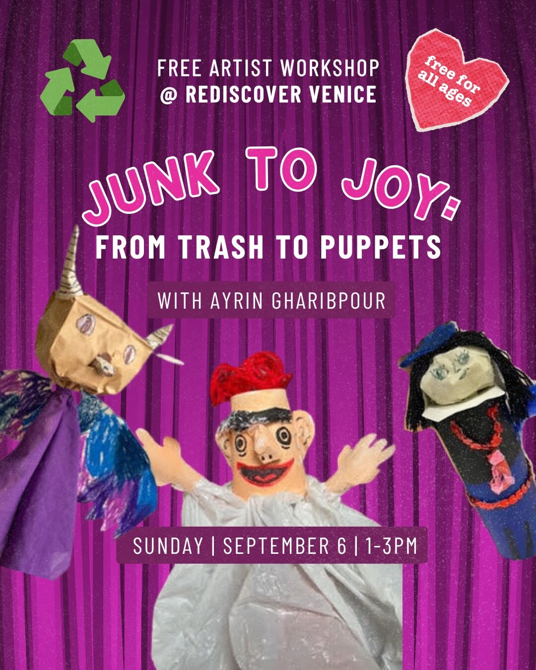 Junk to Joy From Trash to Puppets workshop flyer for September 6 at Rediscover Venice