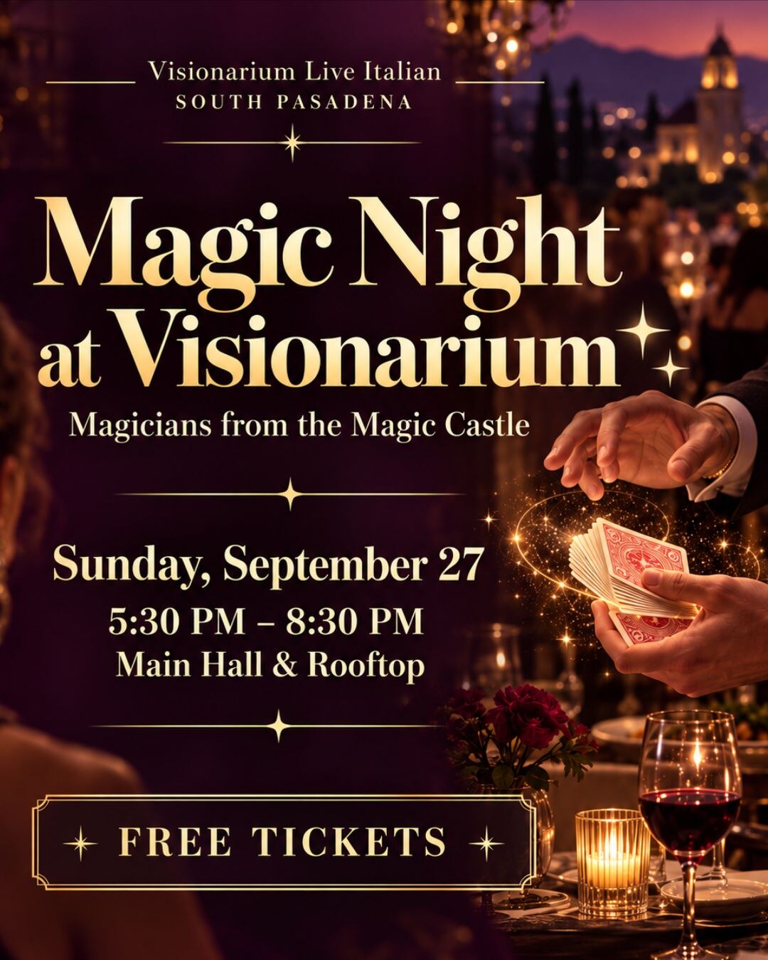 Magic Night at Visionarium flyer showing a close-up card magician