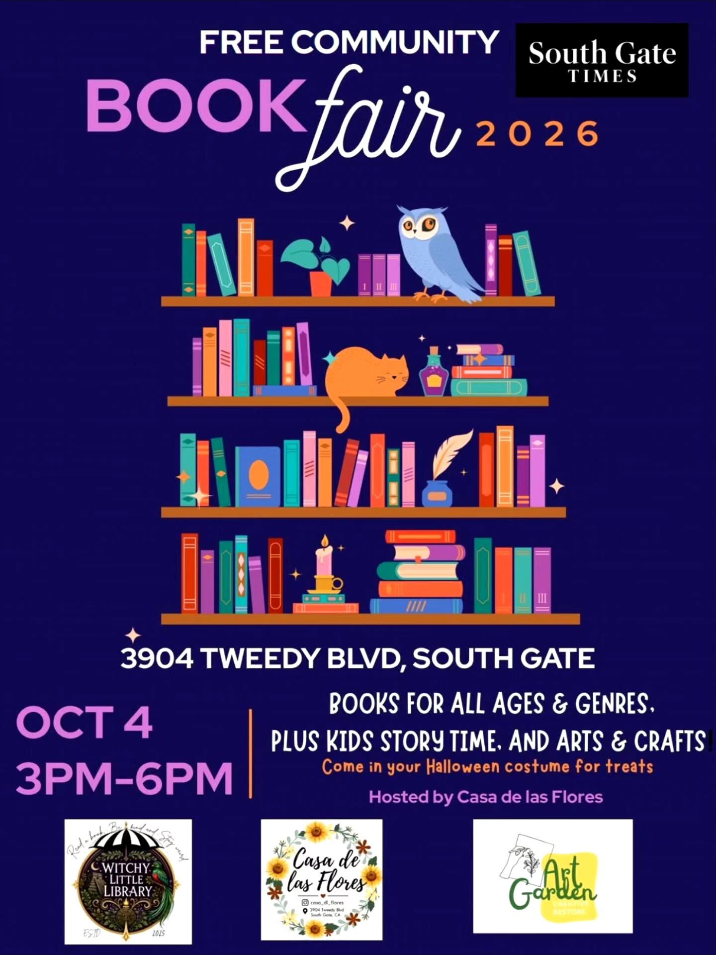 South Gate Times 2026 free community book fair flyer for October 4 at Casa de las Flores.