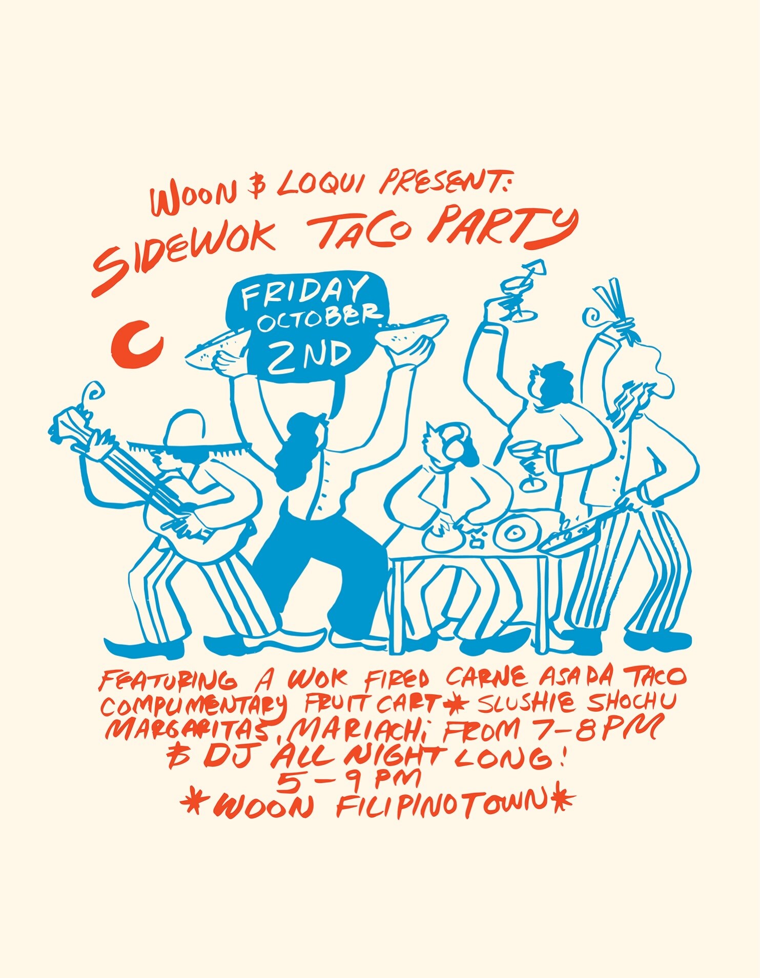 SideWok taco party flyer for Woon in Historic Filipinotown on October 2.