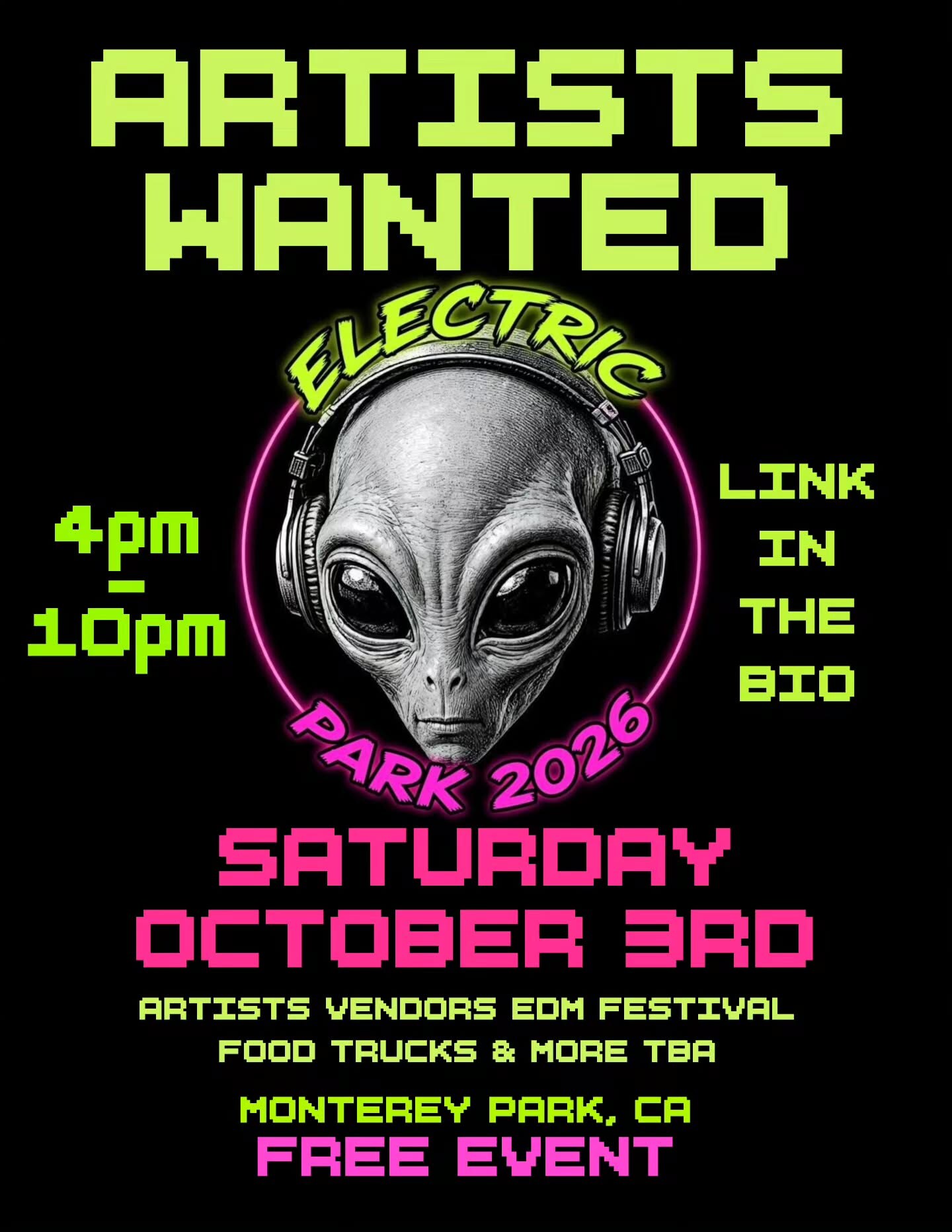 Electric Park artists-wanted flyer for October 3 in Monterey Park
