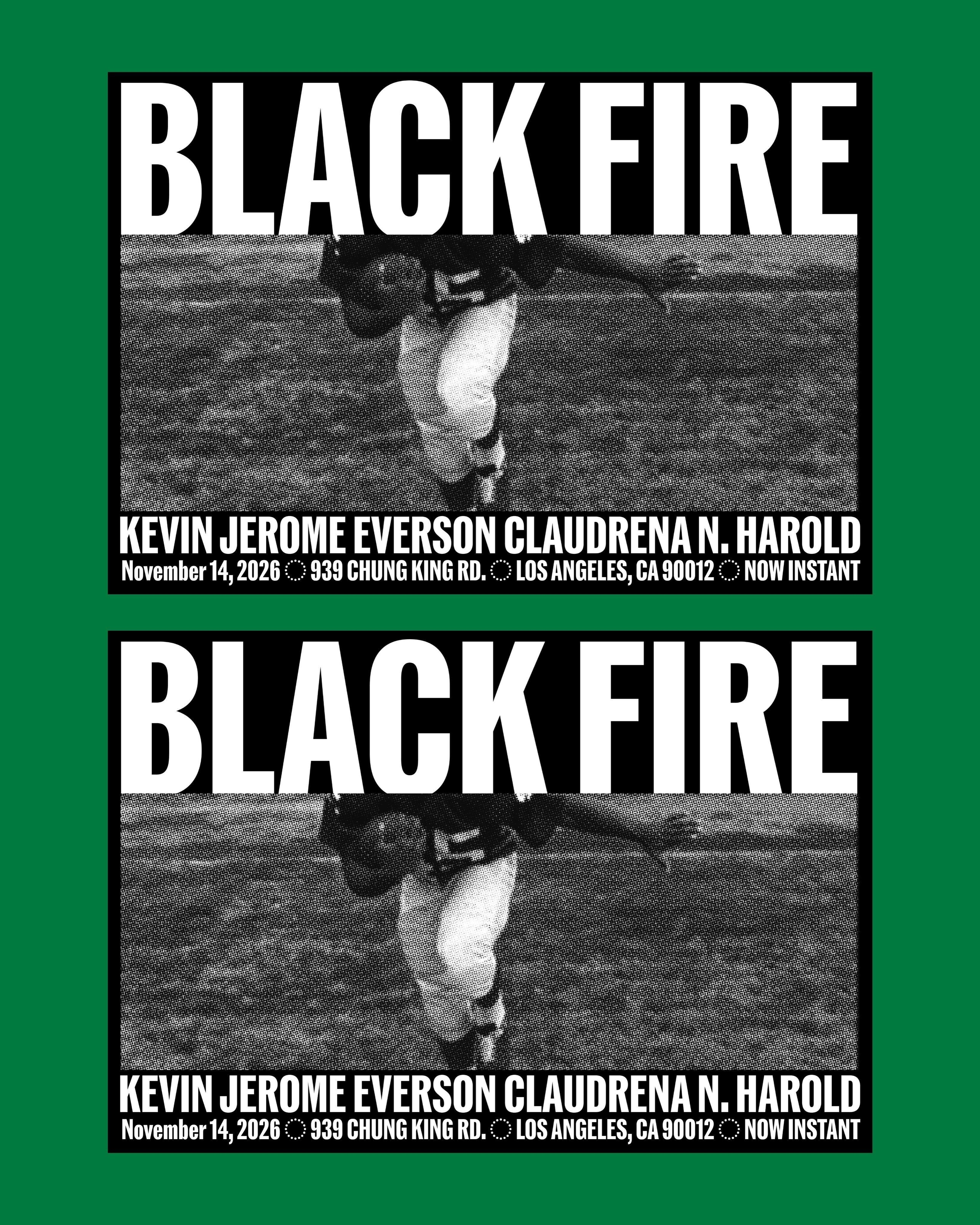 Black Fire screening poster featuring Kevin Jerome Everson and Claudrena N. Harold