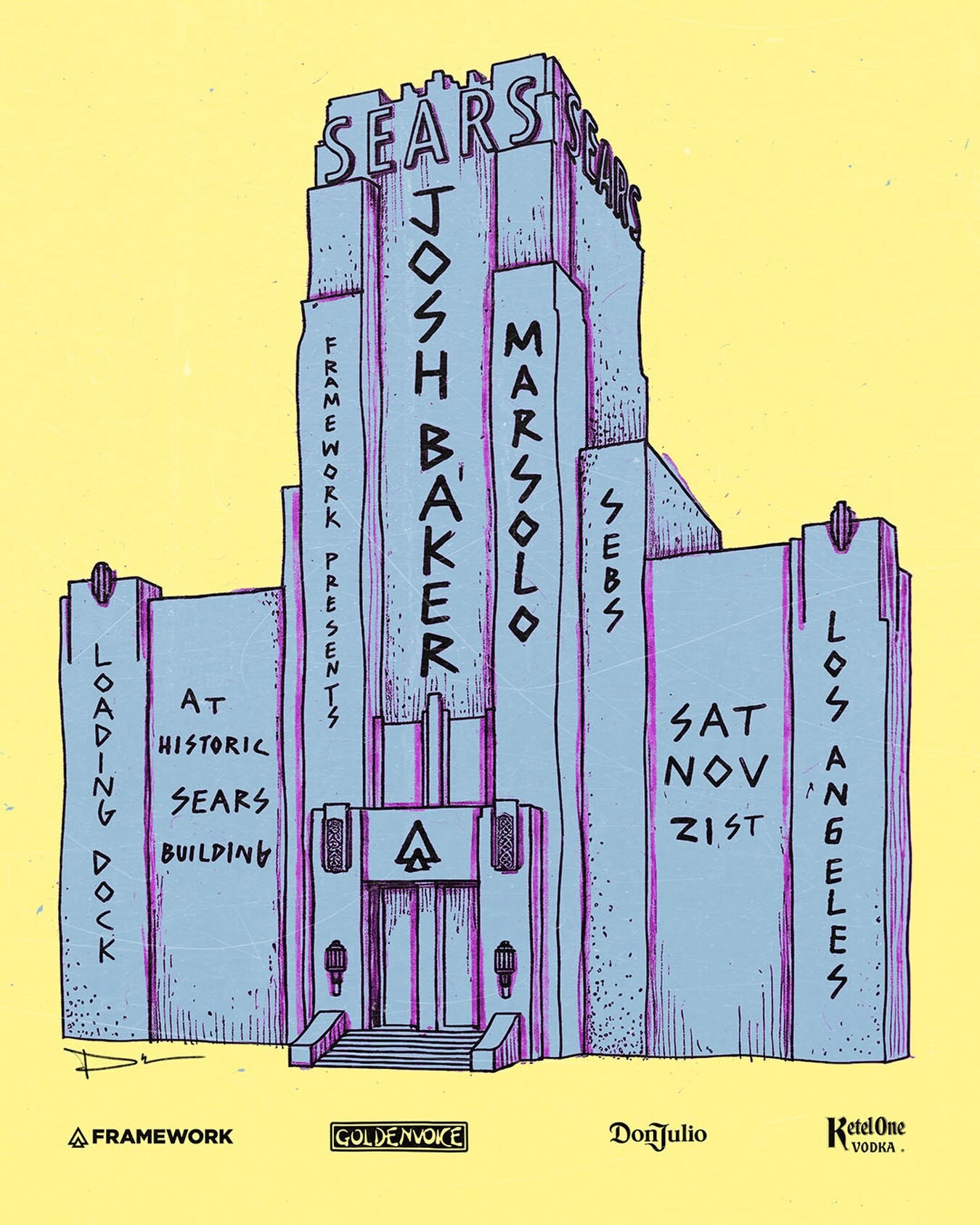 Josh Baker, Marso and Sebs flyer illustrated as the historic Sears building