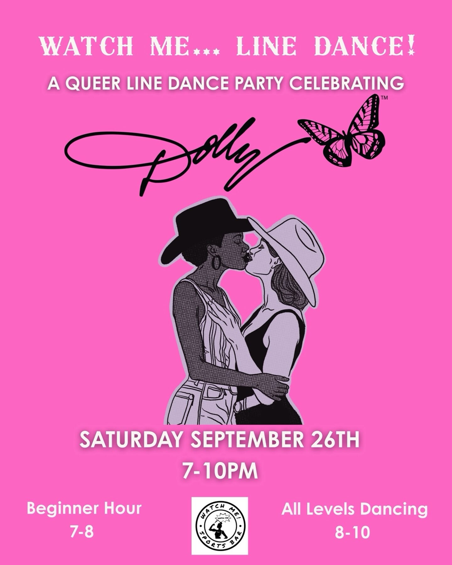Pink Dolly Night queer line dancing flyer for September 26 at Watch Me Sports Bar