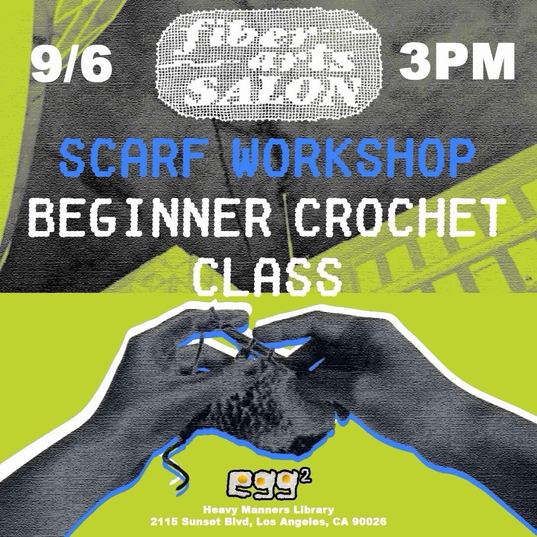 Beginner crochet scarf workshop flyer for September 6 at Heavy Manners Library