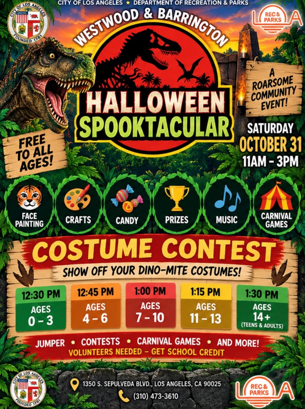 Flyer for the Westwood and Barrington Halloween Spooktacular with costume contests, games, candy and crafts.