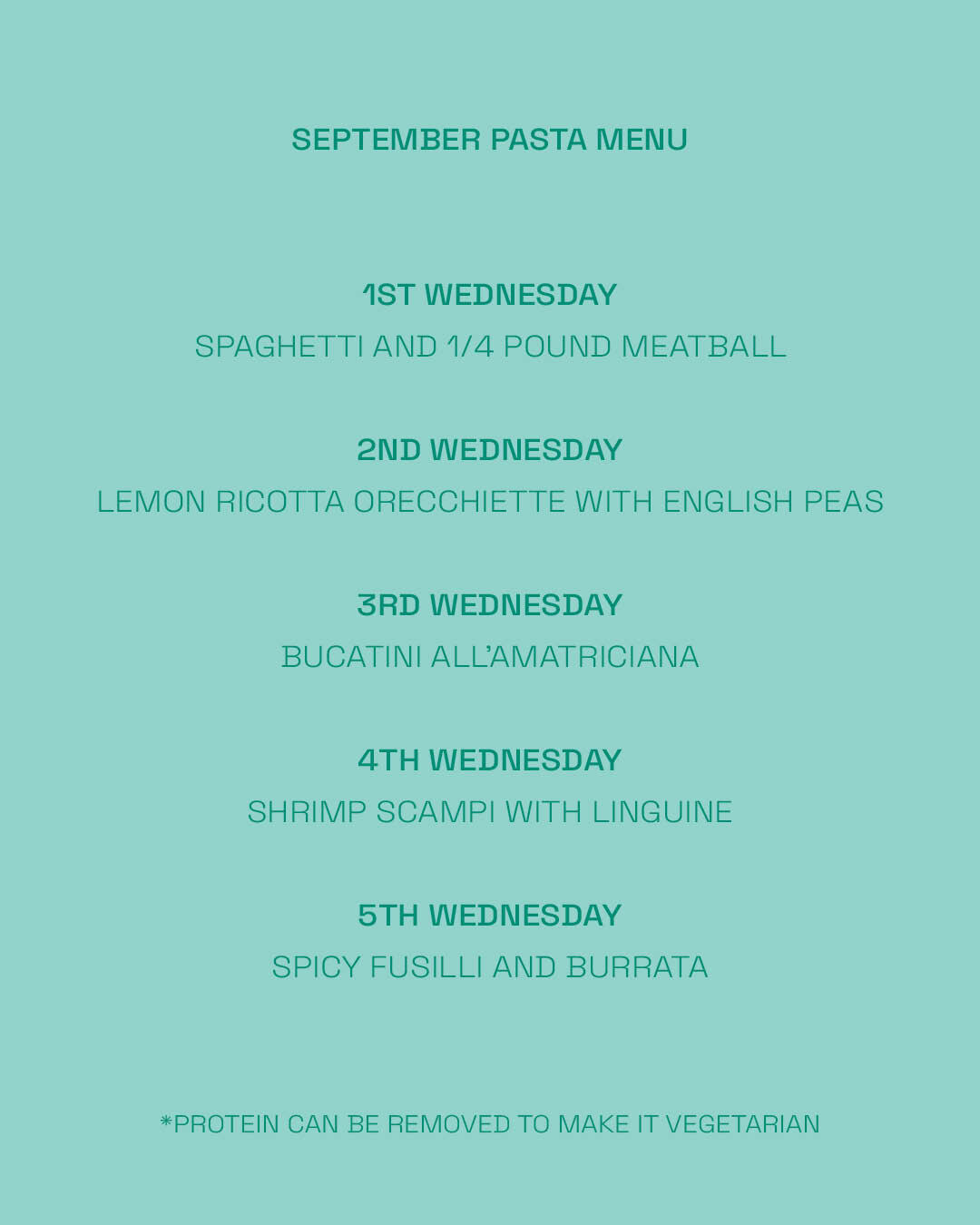 Marco Polo September Pasta Party menu listing a different pasta for every Wednesday
