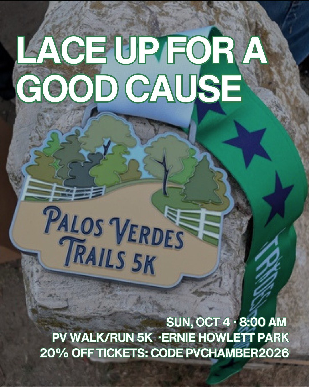 Palos Verdes Trails 5K flyer encouraging runners and walkers to lace up for a good cause.