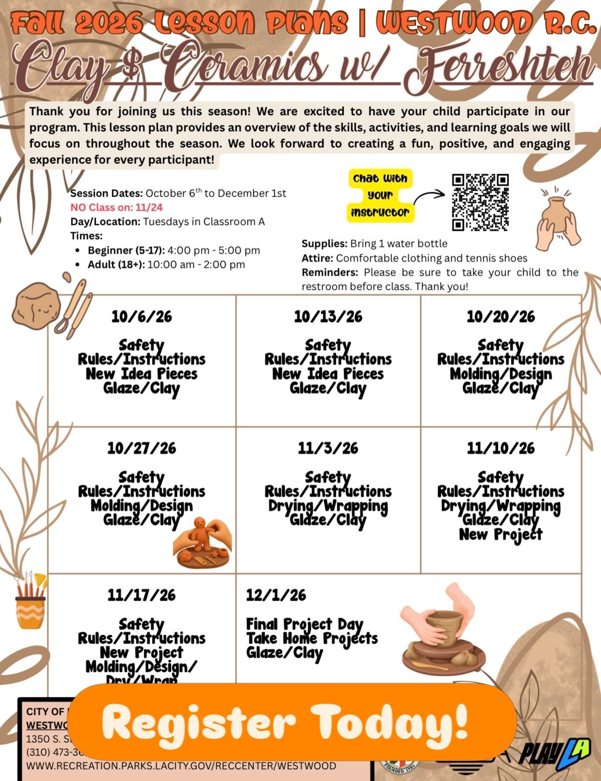 Westwood Recreation Center Fall 2026 Clay & Ceramics lesson-plan flyer with dates, times, and class topics.