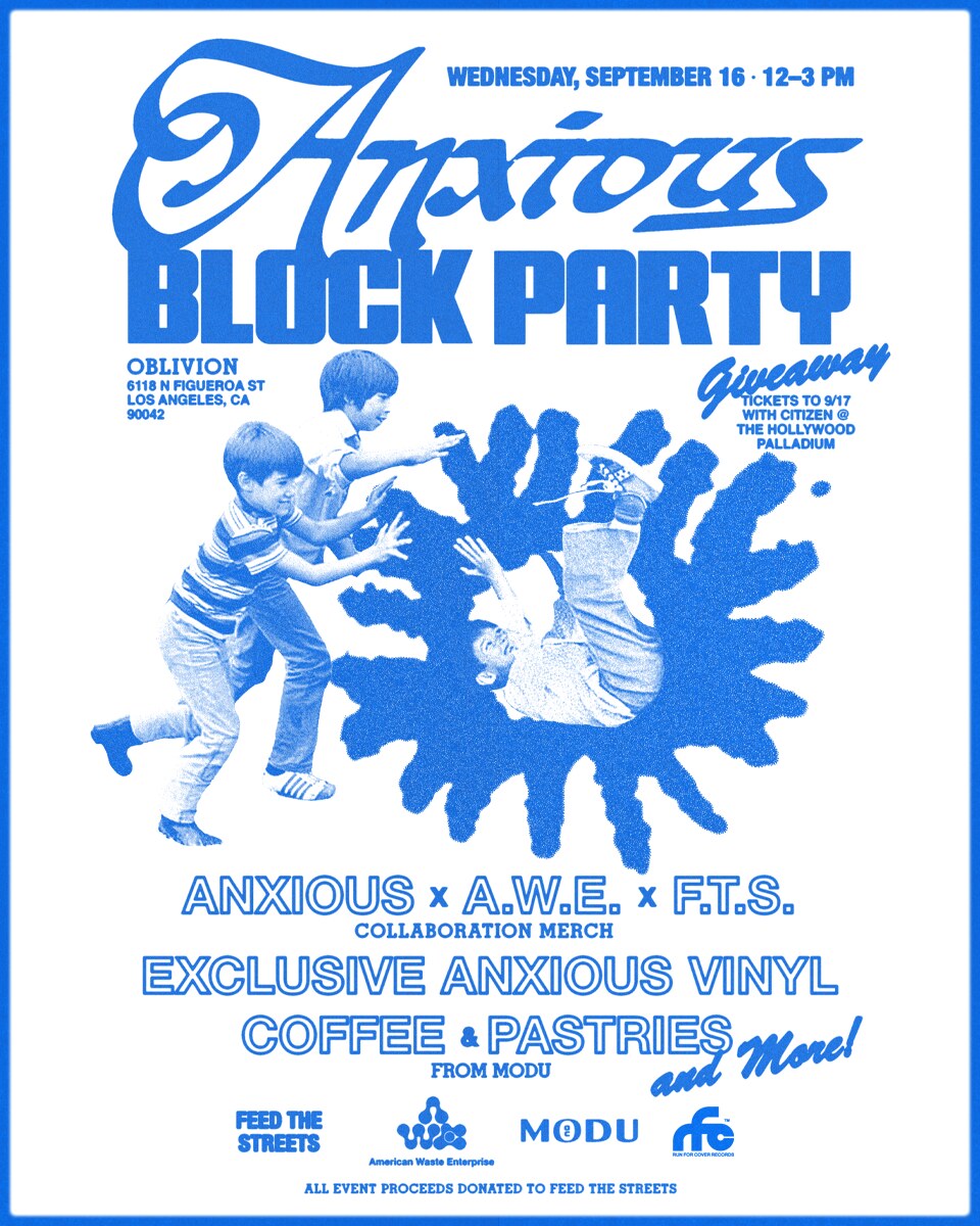 Blue Anxious Block Party flyer for September 16 at Oblivion with merch, vinyl, coffee and benefit details