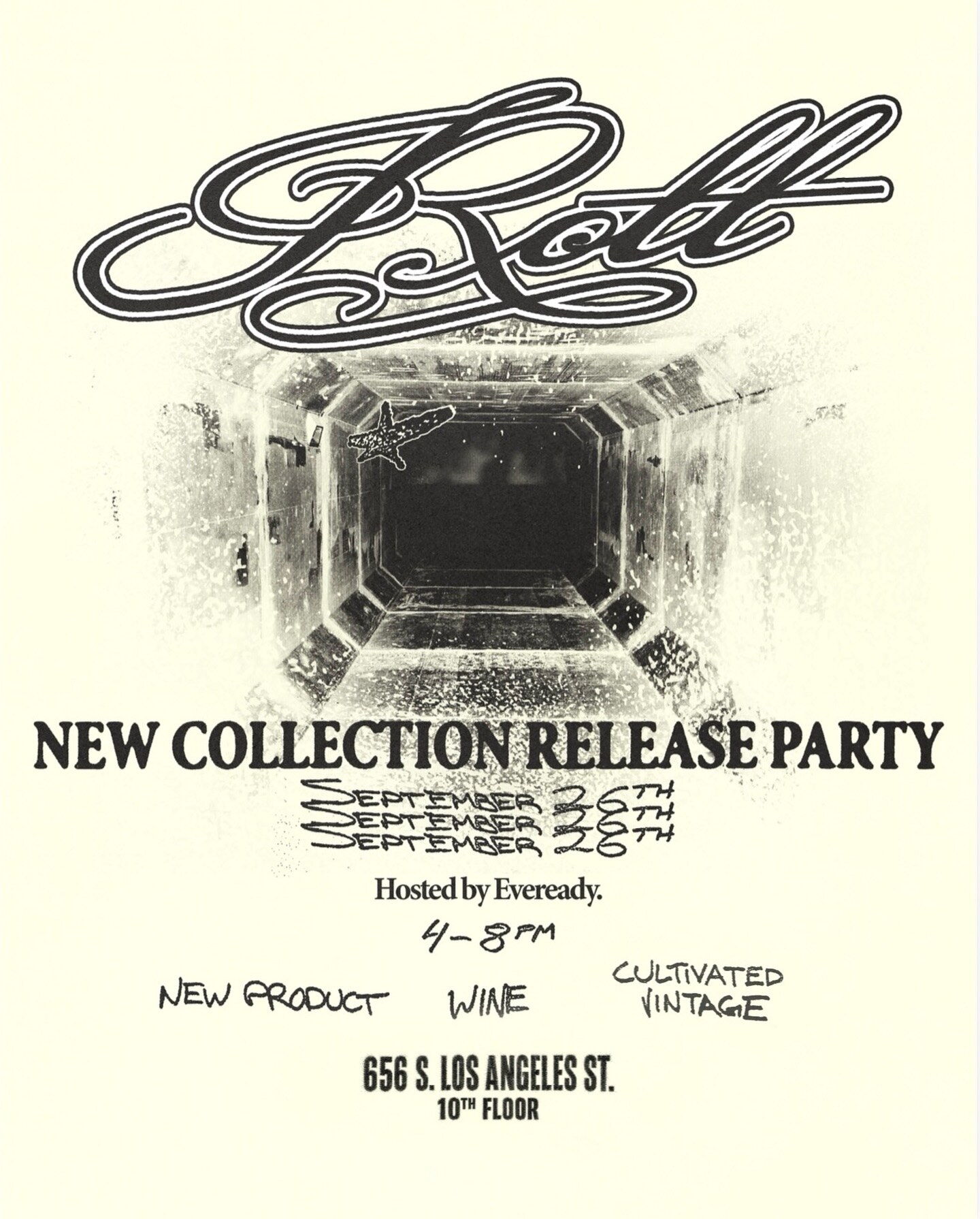 Cream ROTT release-party flyer with a gemstone, September 26 from 4–8pm at Eveready, 656 S Los Angeles Street, tenth floor