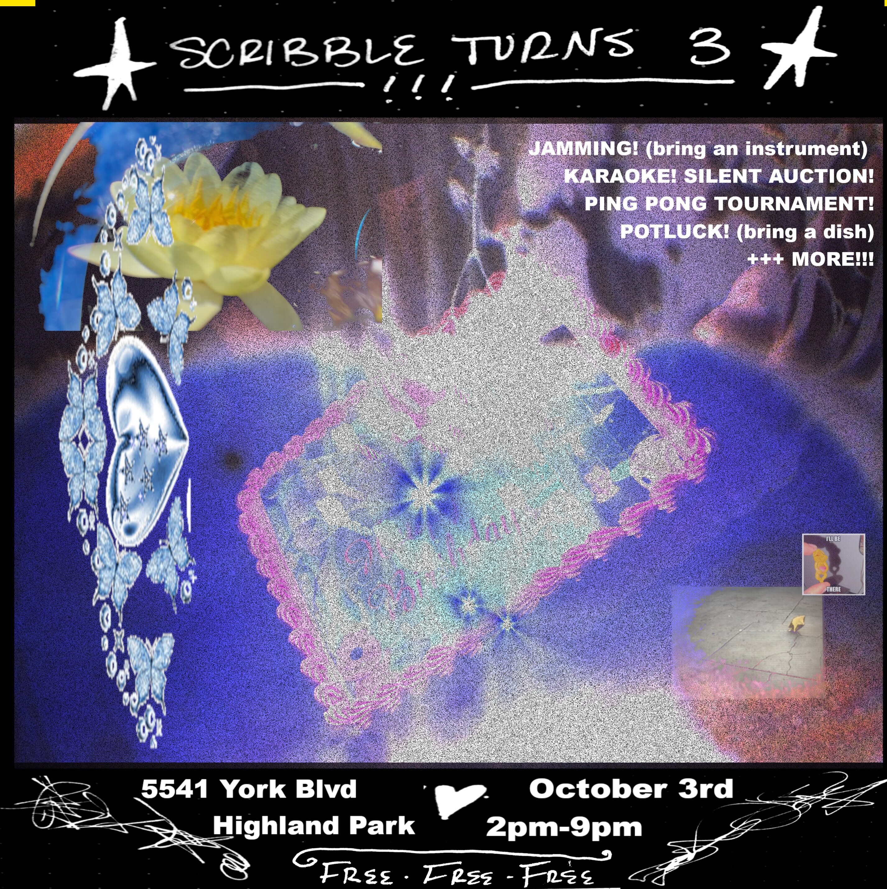 Scribble Turns 3 birthday flyer listing the October 3 potluck, jams, ping pong, crafts and karaoke schedule.