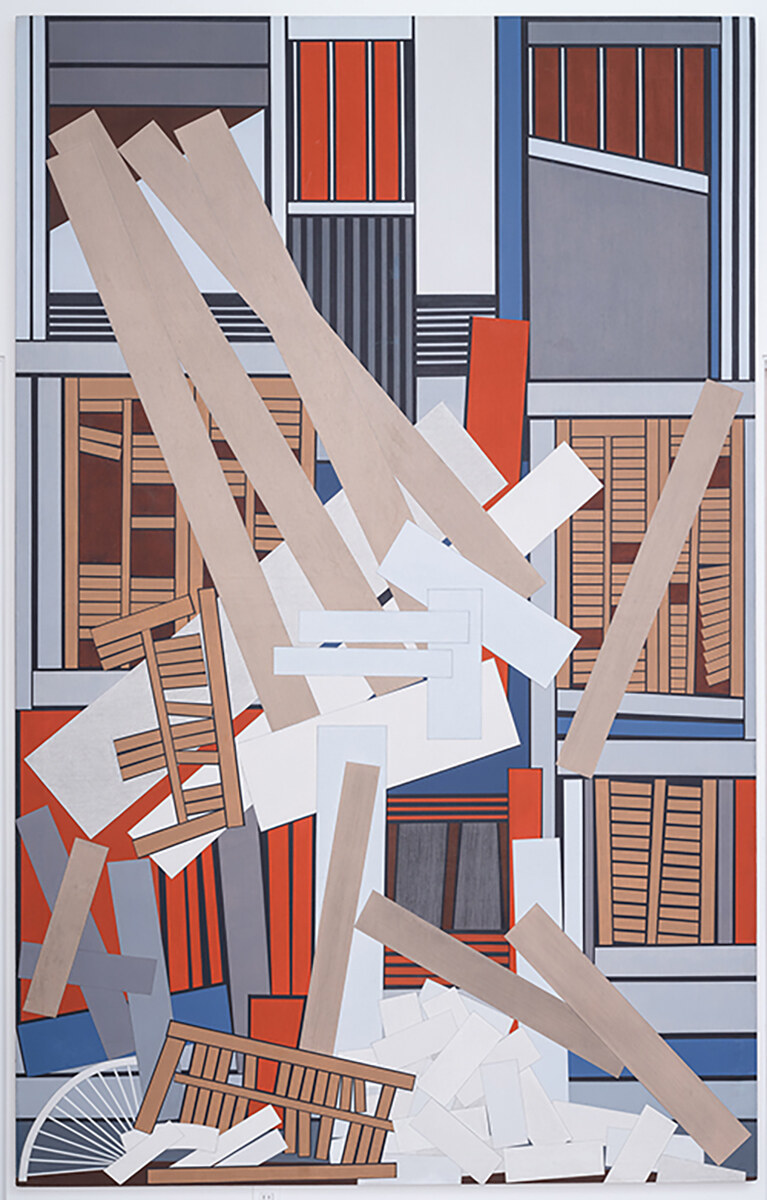 Geometric painting of a building facade with windows and shutters in disrepair
