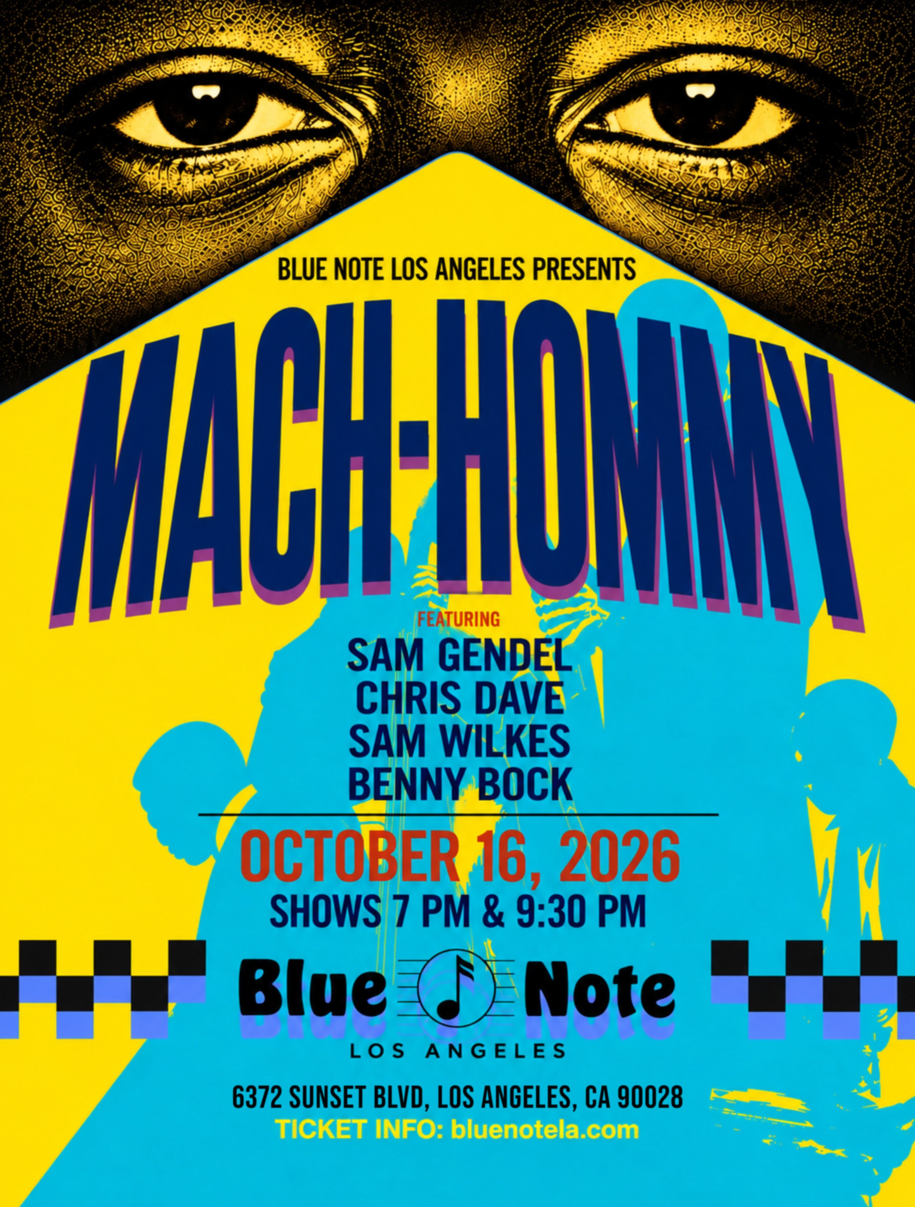 Blue Note Los Angeles Mach-Hommy flyer listing October 16, 2026 shows at 7 PM and 9:30 PM.