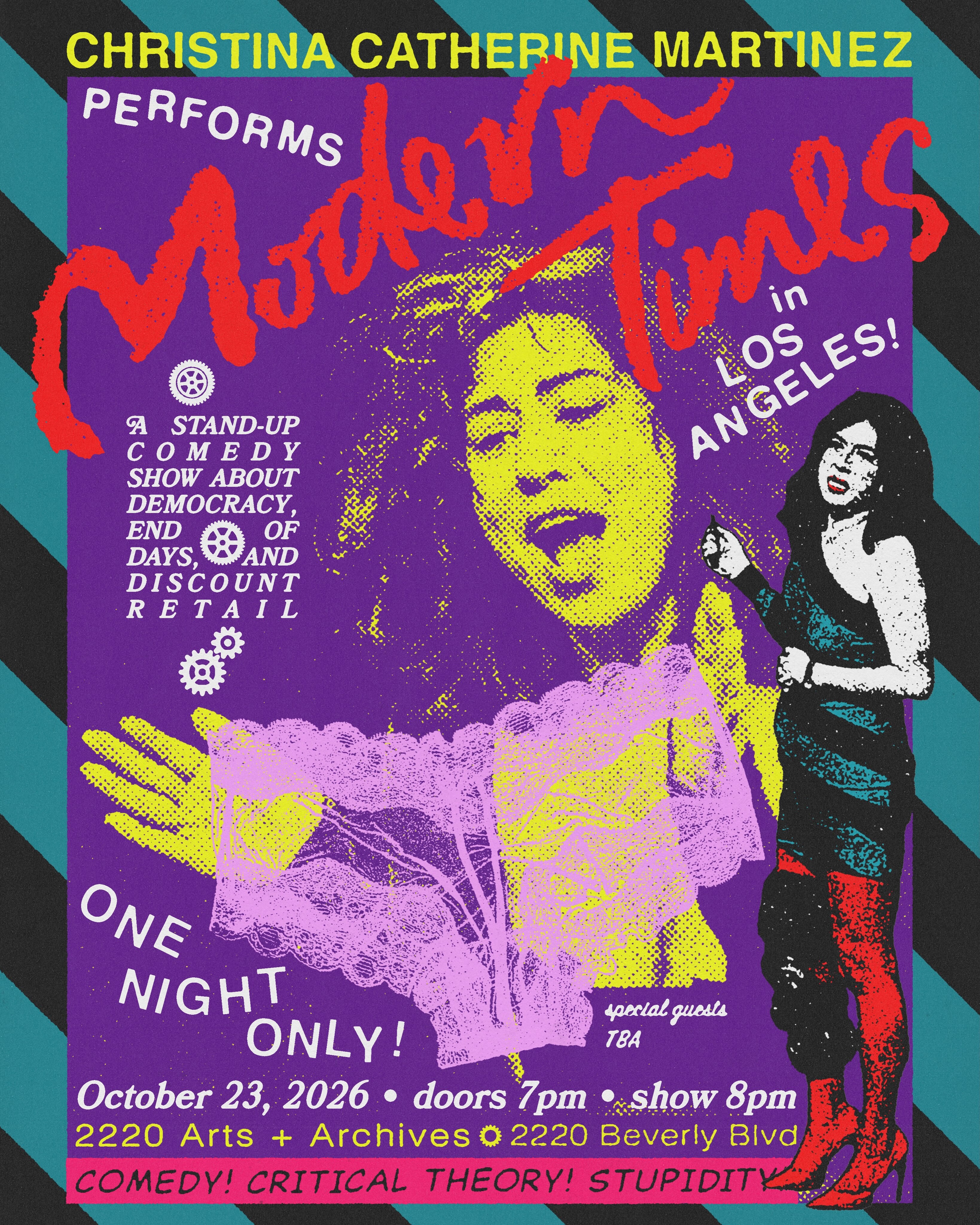 Modern Times one-night stand-up comedy flyer for Christina Catherine Martinez at 2220 Arts + Archives