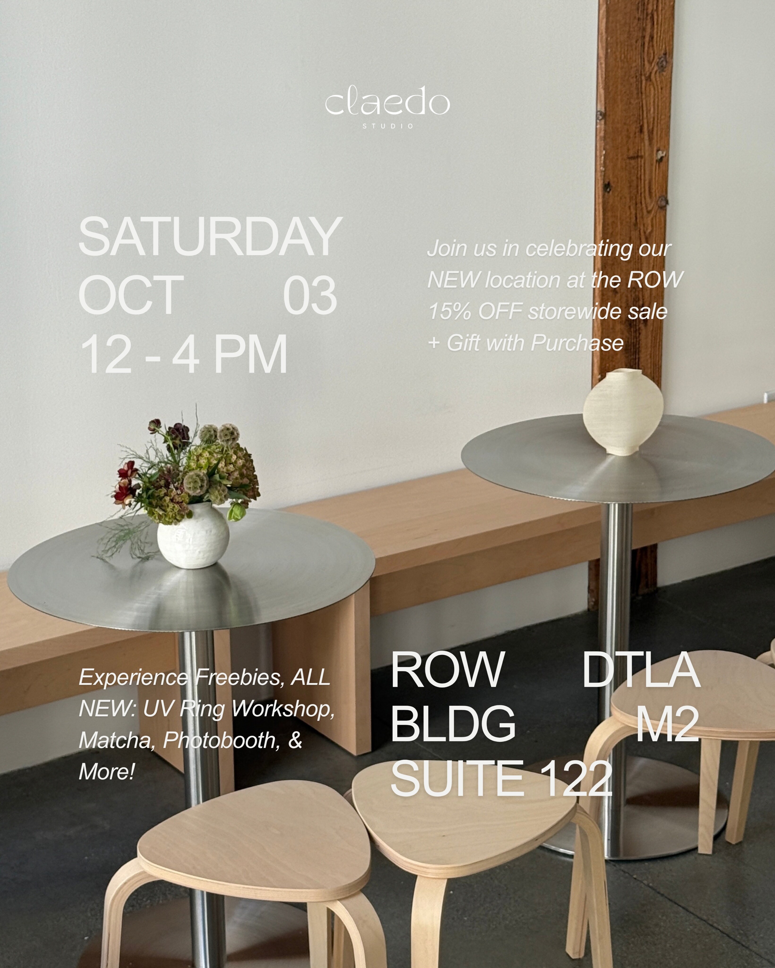 Claedo Studio grand-opening flyer showing the new ROW DTLA studio