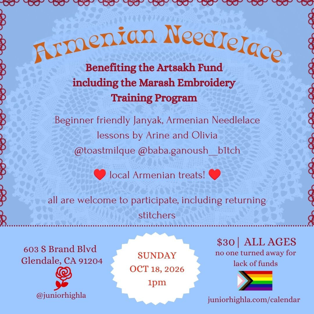Armenian Needlelace fundraiser flyer for October 18 at Junior High in Glendale.