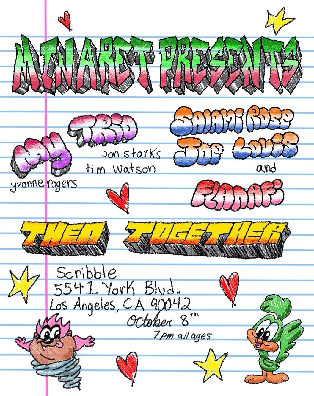 Minaret Presents flyer for My Trio, Salami Rose Joe Louis and Flanafi at Scribble on October 8.