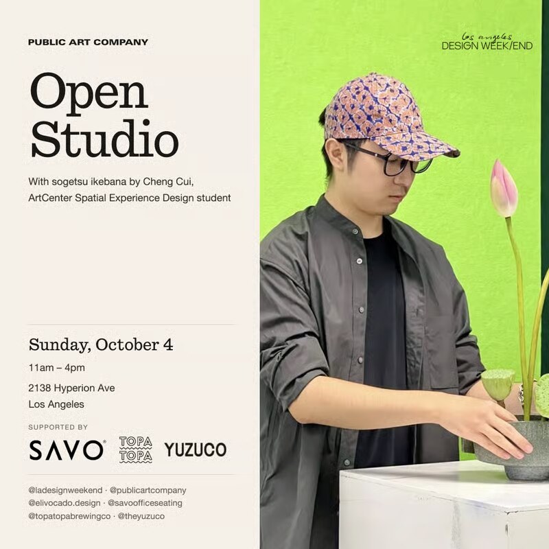 Public Art Company open-studio poster for October 4 featuring Sogetsu ikebana.